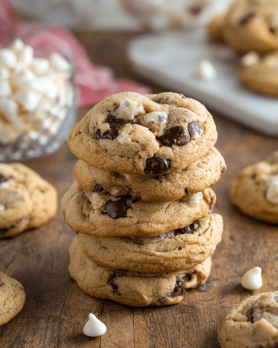 A stack of five soft, golden-brown chocolate chip cookies with visible dark brown chocolate chips is centered on a wooden surface. The cookies appear thick and chewy, with a slightly uneven, homemade texture on top. In the background, there is a white marbled texture underneath a clear glass bowl filled with more cookies and a blurred white scoop next to it. To the left, there is a glimpse of another type of cookie with white chips, all arranged on the same wooden surface. Photo taken with an iphone --ar 4:5 --v 7