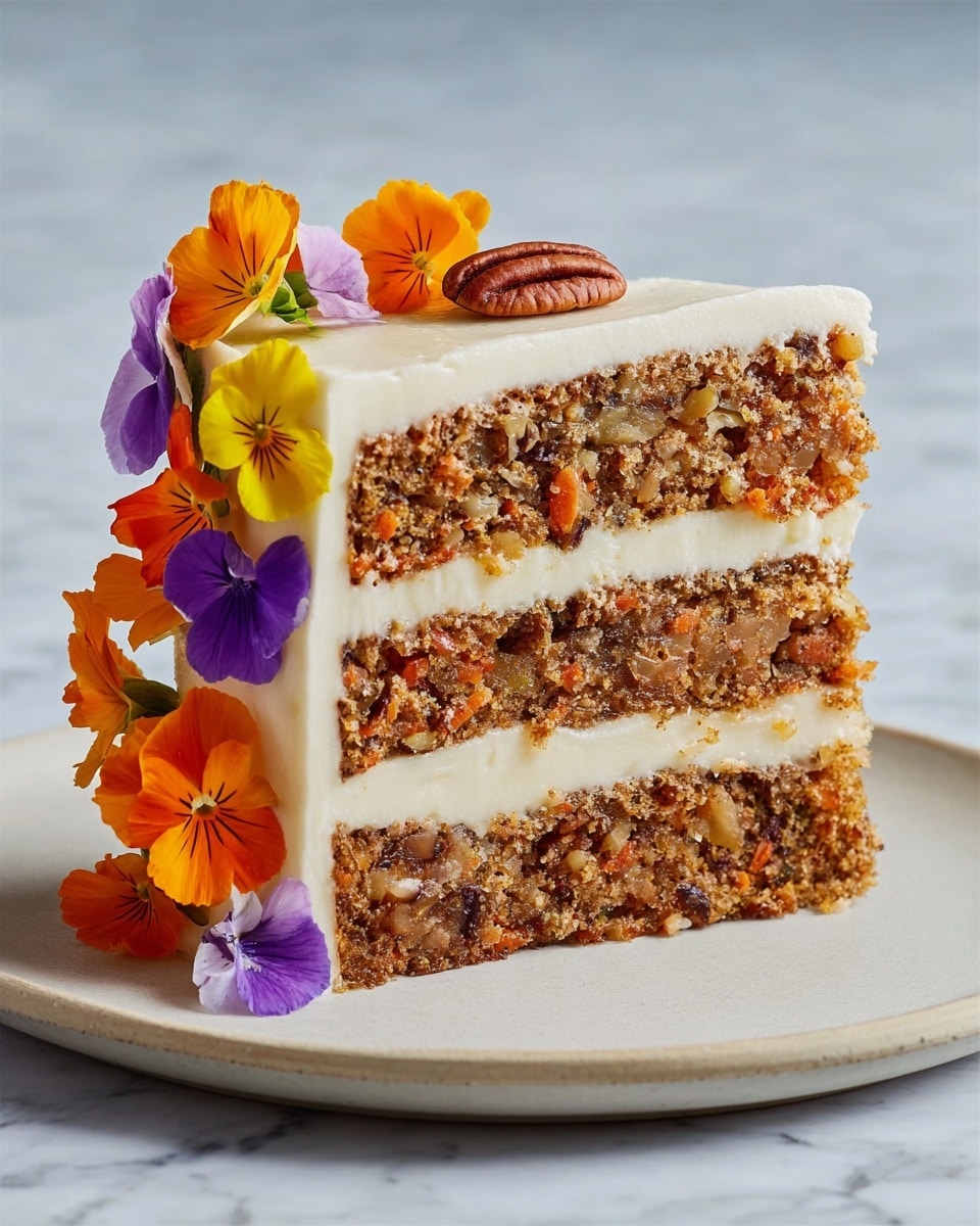 A slice of three-layer carrot cake with visible bits of nuts and raisins in the brown cake layers, each separated by a thick layer of creamy white frosting. The outside is also coated with smooth white frosting. On the top edge, a single pecan is placed as decoration. Colorful edible flowers in orange, purple, and yellow hues cascade down the side of the cake, adding bright contrast. The cake slice sits on a simple white plate, set on a white marbled surface. Photo taken with an iphone --ar 4:5 --v 7
