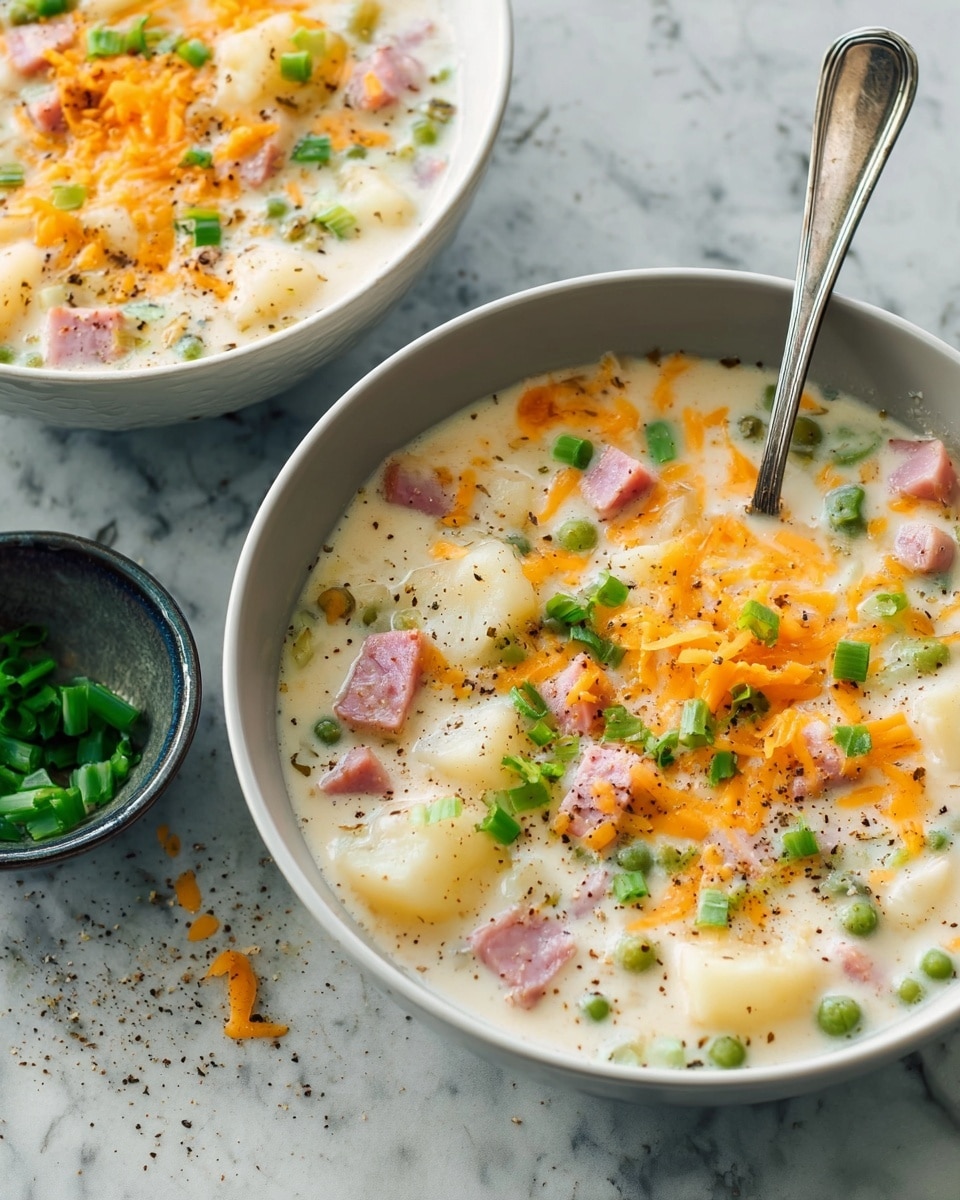 Two white bowls filled with thick creamy soup that has visible chunks of white potatoes, pink ham cubes, and small green vegetable pieces. The soup is topped with bright orange shredded cheese and chopped green onions scattered on top, with some black pepper sprinkled over. One bowl has a silver spoon inside it, positioned to the right side. The bowls sit on a white marbled textured surface. photo taken with an iphone --ar 4:5 --v 7