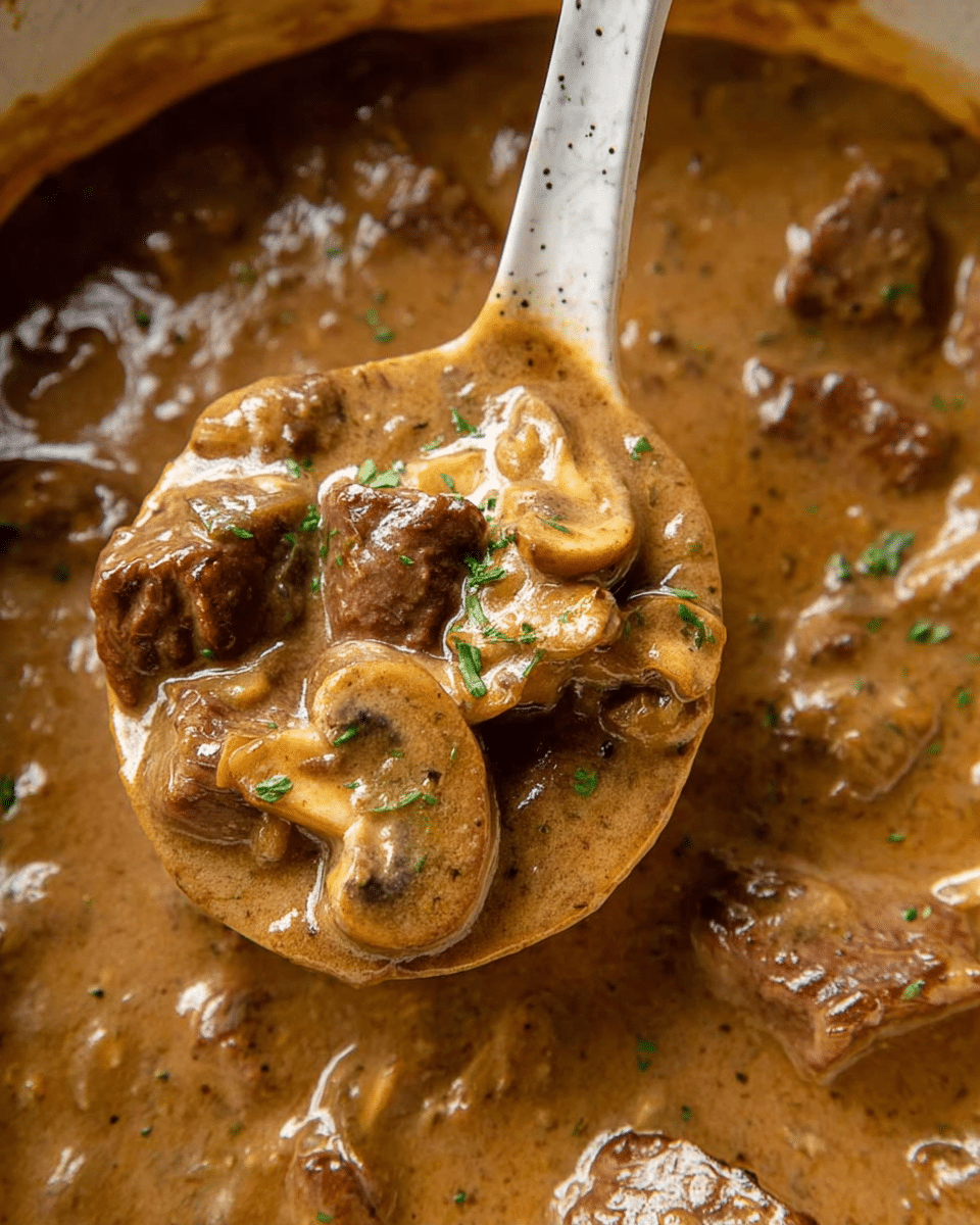 A close-up view of a thick, creamy brown sauce filled with tender pieces of cooked beef and sliced mushrooms, all coated evenly in the sauce. The sauce has a glossy finish with a smooth texture, speckled with small bits of herbs and seasonings. There is a white ladle holding a portion showing chunks of beef, mushroom slices, and a few green herb sprinkles on top, suggesting freshness. The background shows more of the same stew-like mixture, all set on a white marbled surface. photo taken with an iphone --ar 4:5 --v 7