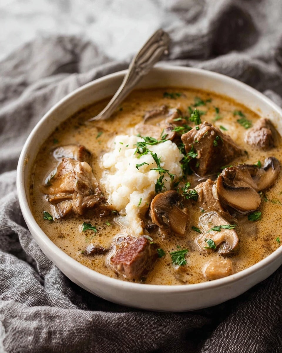 A white bowl filled with a creamy, light brown soup that has visible pieces of browned meat and sautéed mushroom slices throughout. In the center, there is a small dollop of white mashed potatoes partially covered by the creamy broth. The soup is garnished with finely chopped green herbs scattered on top. The bowl sits on a soft, gray cloth with a white marbled background. Photo taken with an iphone --ar 4:5 --v 7