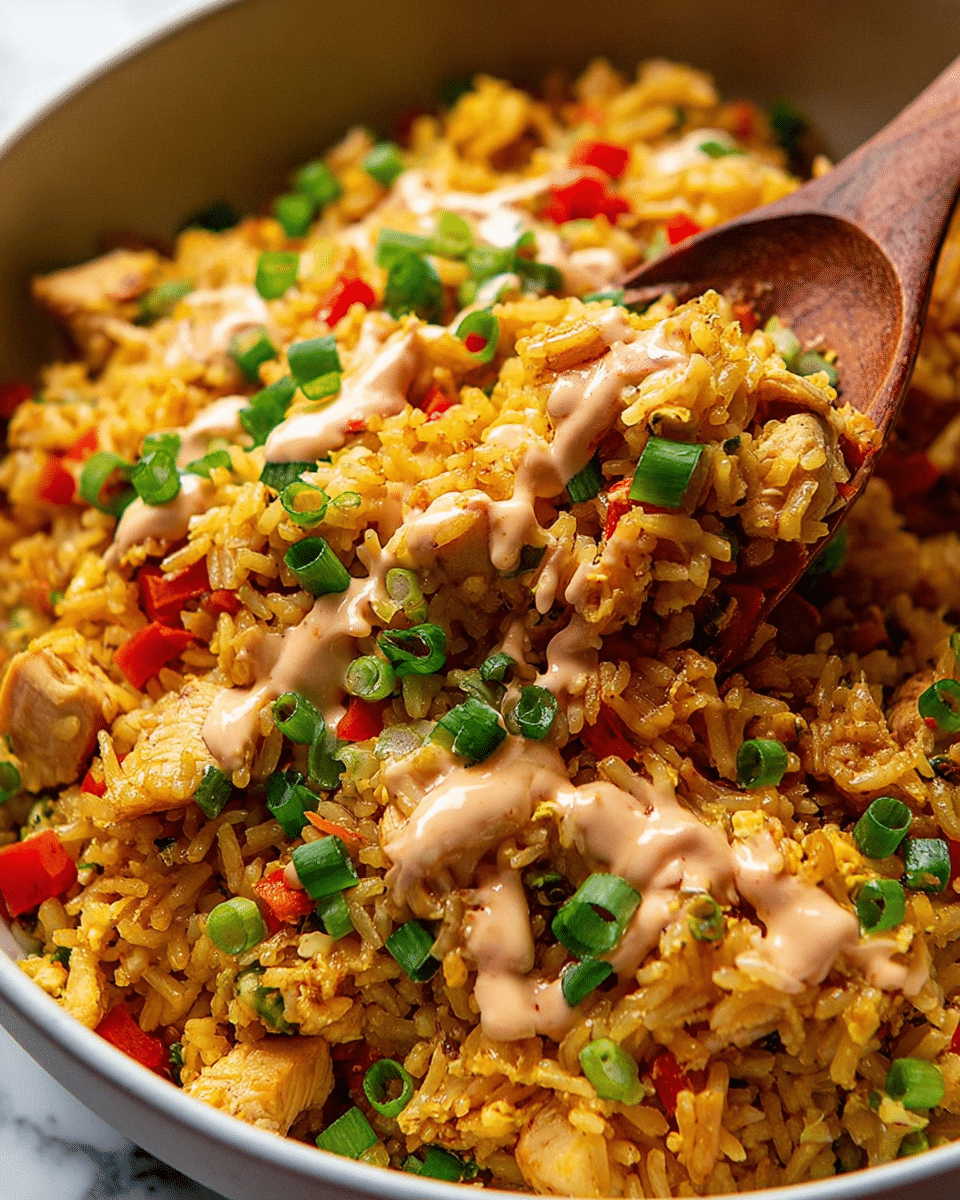 The image shows a close-up of a bowl filled with yellow-orange fried rice mixed evenly with small chunks of cooked chicken and diced red bell peppers. The rice looks fluffy with a slight oily shine and is scattered with fresh bright green chopped scallions on top. Creamy light beige sauce is drizzled in patches over the rice, adding a smooth texture contrast. A wooden spoon scoops up some of the rice from the bowl, highlighting the different ingredients mixed well together. The bowl is white, and the background has a white marbled texture. Photo taken with an iphone --ar 4:5 --v 7