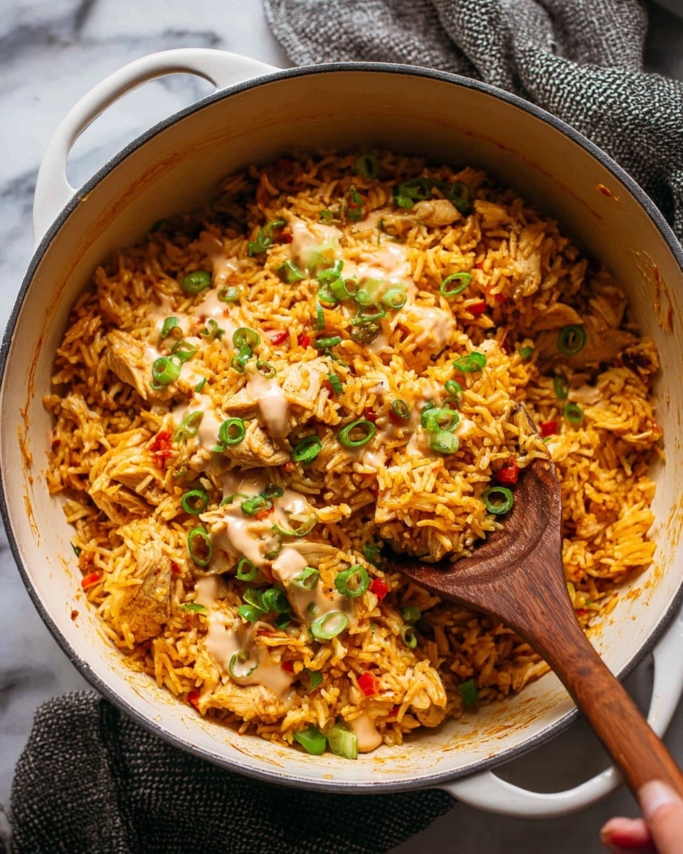 The image shows a large white pot filled with yellow-orange cooked rice mixed with pieces of chicken and small bits of red pepper. On top of the rice, there are green sliced spring onions scattered evenly. Creamy light brown sauce is drizzled over the rice, adding texture and a creamy look. A wooden spoon is scooping up some of the rice mixture from the pot, held by a woman's hand, showing the food's abundance and texture. The pot is placed on a white marbled textured surface, with a textured gray cloth partially visible in the background. photo taken with an iphone --ar 4:5 --v 7
