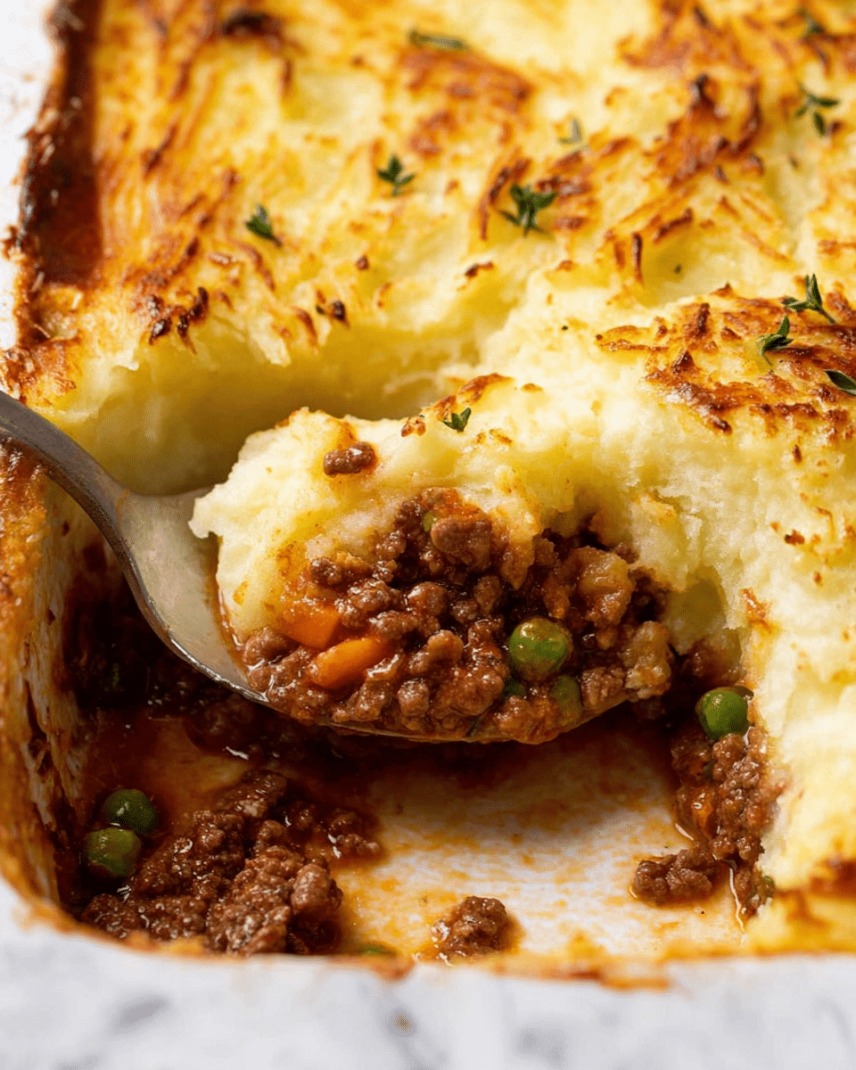 A close-up view of a white baking dish filled with shepherd's pie featuring two visible layers: a thick, golden-brown mashed potato topping with browned, crispy edges and small green herb leaves sprinkled on top; beneath it, a rich, brown ground meat layer mixed with small bits of green peas and orange carrots, showing a moist texture. A spoon scoops out a portion, lifting a piece that reveals the soft mashed potato and hearty meat layers. The dish is set against a white marbled surface. photo taken with an iphone --ar 4:5 --v 7