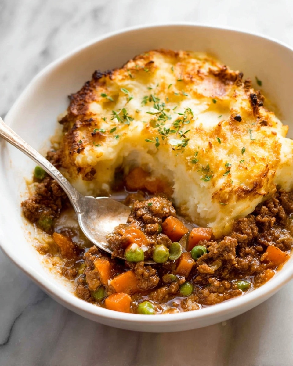 The dish shows a white bowl filled with two main layers: on the bottom, a thick brown ground meat mixture with visible diced orange carrots and green peas, and on top, a golden browned mashed potato layer with a slightly crispy texture and some small green herb sprinkles. A silver spoon is resting inside the bowl, slightly digging into the layers, and the bowl itself is placed on a white marbled surface. photo taken with an iphone --ar 4:5 --v 7