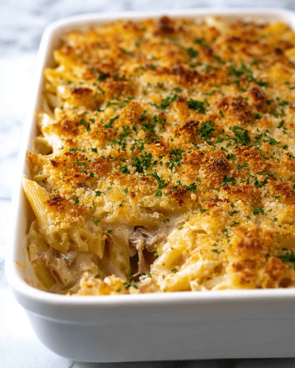 A close-up image of a creamy pasta dish served in a white bowl. The dish has penne pasta layered with a thick white sauce mixed with light brown pieces of meat and small bits of yellow corn. On top, there is a golden brown crumb topping with a crunchy texture, sprinkled with small green herbs. A spoon is inserted in the bowl, stirring the creamy sauce and pasta. The bowl is placed on a beige cloth over a white marbled surface. Photo taken with an iphone --ar 4:5 --v 7