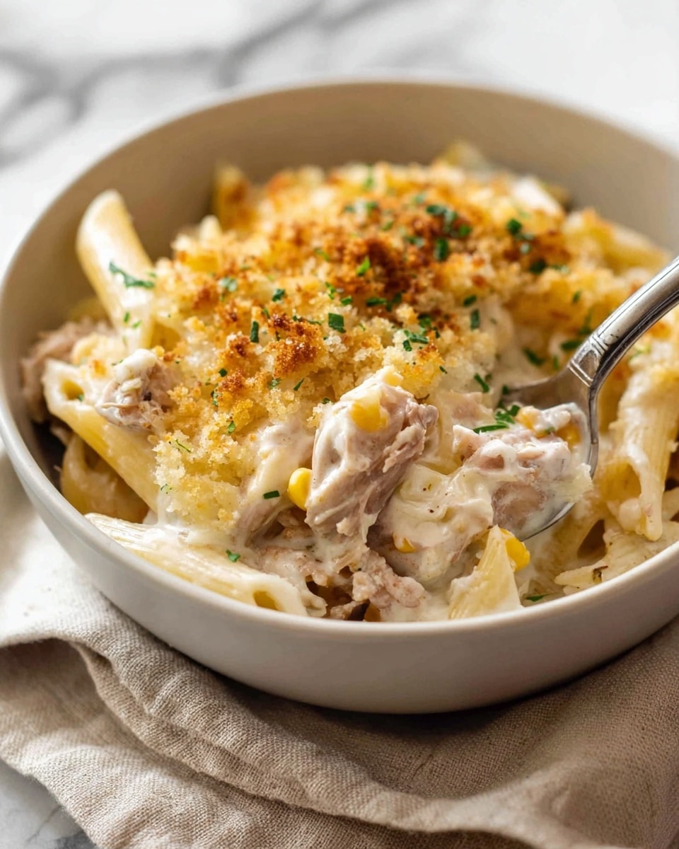 This image shows a white rectangular baking dish filled with a creamy baked pasta casserole. The dish has three visible layers: the bottom layer is cooked pasta in a light cream sauce, the middle layer contains pieces of shredded meat, and the top layer is a golden-brown crispy breadcrumb crust sprinkled with chopped green herbs. The crust looks crunchy and uneven, covering the whole surface. The background is a white marbled texture. photo taken with an iphone --ar 4:5 --v 7