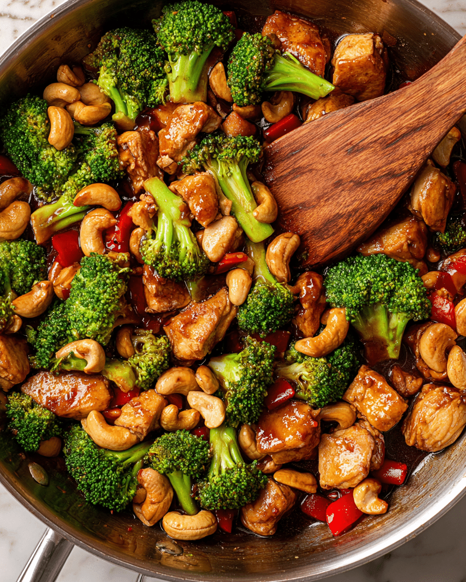 A close-up of a stir-fry dish in a metal pan shows three main layers: the bottom layer is a shiny, dark brown sauce with a glossy look; the middle layer contains vibrant green broccoli florets with textured buds and bright green stalks scattered evenly; the top layer has golden-brown chunks of cooked chicken with some pieces glistening from the sauce, beige cashew nuts with a smooth surface, and diced red bell peppers adding small red patches. A wooden spatula with a rich brown grain is resting on the food, partly covered by the ingredients, over a white marbled texture surface. photo taken with an iphone --ar 4:5 --v 7