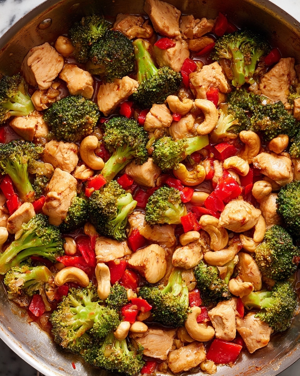 A close-up view of a stir-fry in a metal pan shows multiple layers of ingredients mixed together, primarily chunks of light brown cooked chicken, bright green broccoli florets, diced red bell peppers, and whole cashew nuts with a light golden color, all sitting in a slightly glossy sauce that coats the pieces. The broccoli has a textured, slightly charred look, and the red peppers add small bursts of vibrant color scattered evenly throughout. The chicken pieces are irregular in shape, thick, and well-cooked with a slight sear on the edges. The cashews are spread throughout, adding contrast with their smooth curved shapes. The background is a white marbled texture. photo taken with an iphone --ar 4:5 --v 7