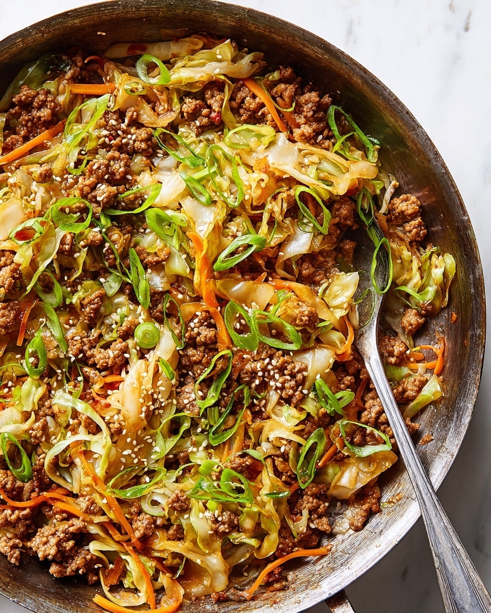 A close-up view of a cooked stir-fry dish in an aged metal pan on a white marbled texture surface. The stir-fry has several layers starting with browned ground meat pieces scattered unevenly throughout. Mixed in are lightly cooked, thinly sliced cabbage and orange carrot strips, adding a mix of soft white and bright orange colors. Thinly sliced green onions are spread across the dish in scattered loops, contributing fresh green accents. Small white sesame seeds are sprinkled over the top, adding texture and contrast. The ingredients show a mix of crispy, soft, and tender textures. A metal spoon with a slightly worn surface is partially placed inside the pan. photo taken with an iphone --ar 4:5 --v 7