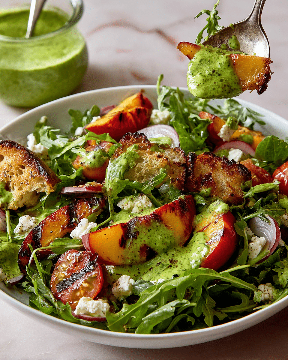 A fresh salad is shown in a white bowl on a white marbled surface, with layers starting from a base of bright green arugula leaves that have a slightly rough texture. On top are layers of sliced grilled peaches with dark brown grill marks and red-orange skin, adding a glossy, juicy look. Cherry tomato halves, deep red with a shiny wet texture, are scattered among the greens. Small white chunks of crumbly feta cheese are sprinkled throughout. Pieces of toasted bread with a rough, golden-brown, slightly charred crust rest on the leaves, drizzled with a thick bright green dressing that looks creamy and herb-filled. A metal spoon lifts a mix of these layers, showing the toasted bread, peach slice, arugula, feta, and dressing together. In the background, a small glass container of the same green dressing sits on the white marbled surface. photo taken with an iphone --ar 4:5 --v 7