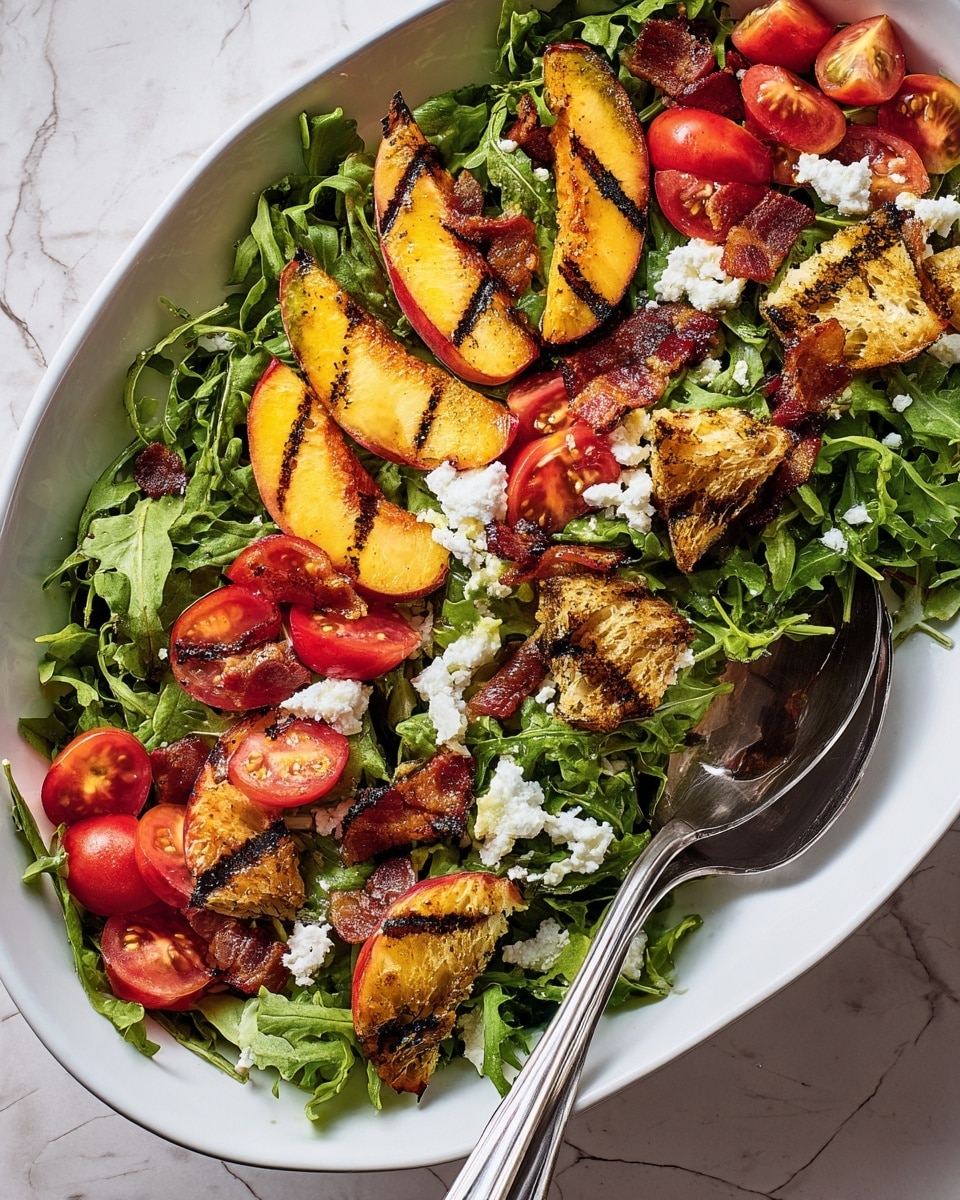 A white oval bowl filled with a vibrant salad showing three main layers: a base layer of fresh dark green arugula leaves, a middle layer made of grilled peach slices with dark grill marks and halved bright red cherry tomatoes, and a top layer sprinkled with crumbled white cheese and crispy golden brown grilled bread pieces with charred lines. Small bits of reddish-brown bacon are scattered evenly throughout the salad. A shiny metal salad spoon rests inside the bowl on the right side. The bowl is placed on a white marbled surface. Photo taken with an iphone --ar 4:5 --v 7