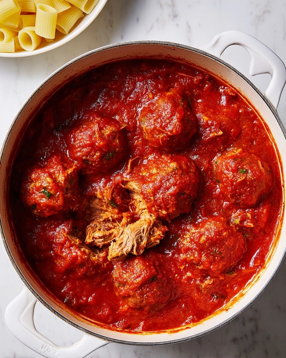 A white round pot filled with thick, rich red tomato sauce contains seven large meatballs and shredded meat pieces, all coated in the sauce. The tomato sauce has a chunky texture with visible small bits of herbs and vegetables. One of the meatball pieces reveals shredded, tender meat inside, showing layers of soft, fibrous texture. On the left side, part of a white bowl holds rigatoni pasta, light yellow and rigid, placed on a white marbled surface. The pot handle and bowl edges are visible, all set on the clean white marbled background. photo taken with an iphone --ar 4:5 --v 7