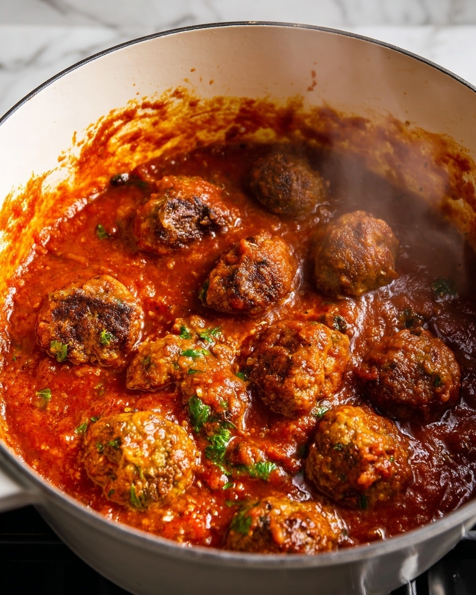 The image shows a white pot filled with thick, rich red tomato sauce bubbling gently. Inside the sauce are about eight browned meatballs with bits of green herbs visible, partially covered and simmering in the sauce. The pot’s inner sides are splattered with red sauce stains, adding texture and a sense of ongoing cooking. Soft steam rises from the mixture, giving a fresh, hot feeling. The pot sits on a stove with a white marbled texture beneath. Photo taken with an iphone --ar 4:5 --v 7