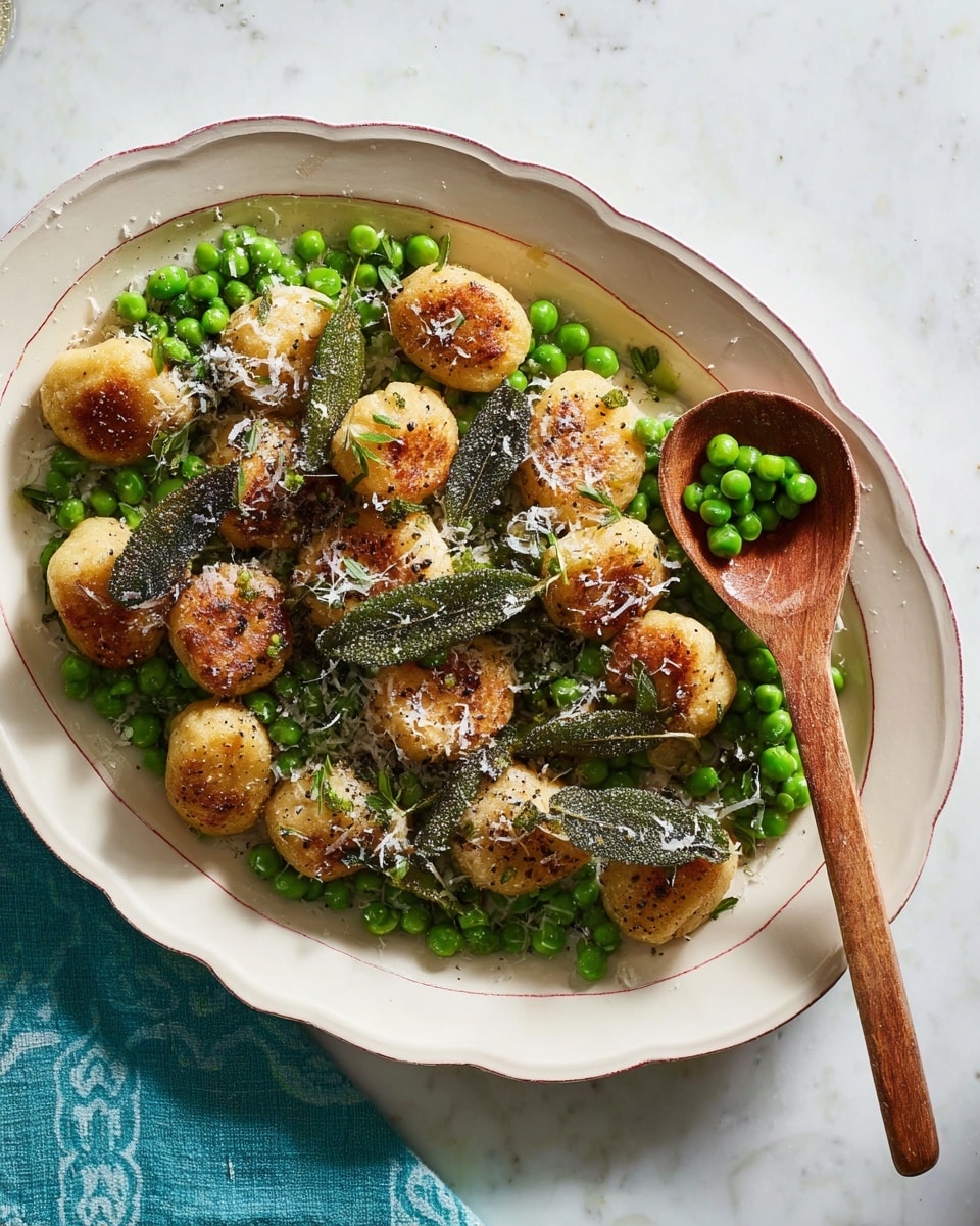 The dish is served on a white oval plate with a slightly scalloped edge. At the bottom layer, there are bright green peas spread out evenly across the plate. On top of the peas, there are about fifteen round, browned gnocchi pieces, each topped with a crispy fried sage leaf. The gnocchi are sprinkled with a fine layer of grated cheese and cracked black pepper, adding texture and contrast. A wooden spoon rests diagonally across the plate, with some peas inside its bowl. The whole setting is placed on a white marbled surface, and the light softly highlights the textures of the dish, showing a warm, inviting look. photo taken with an iphone --ar 4:5 --v 7