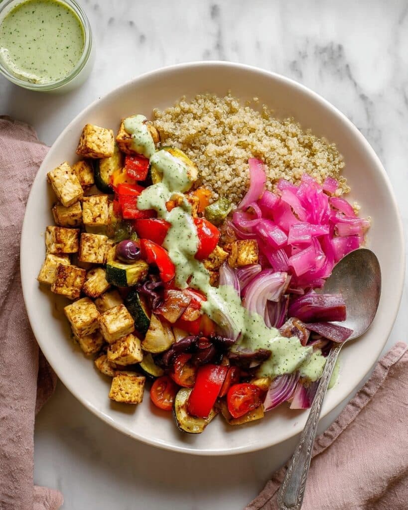 Roasted Veggie Bowl with Crispy Tofu and Herby Tahini Sauce Recipe