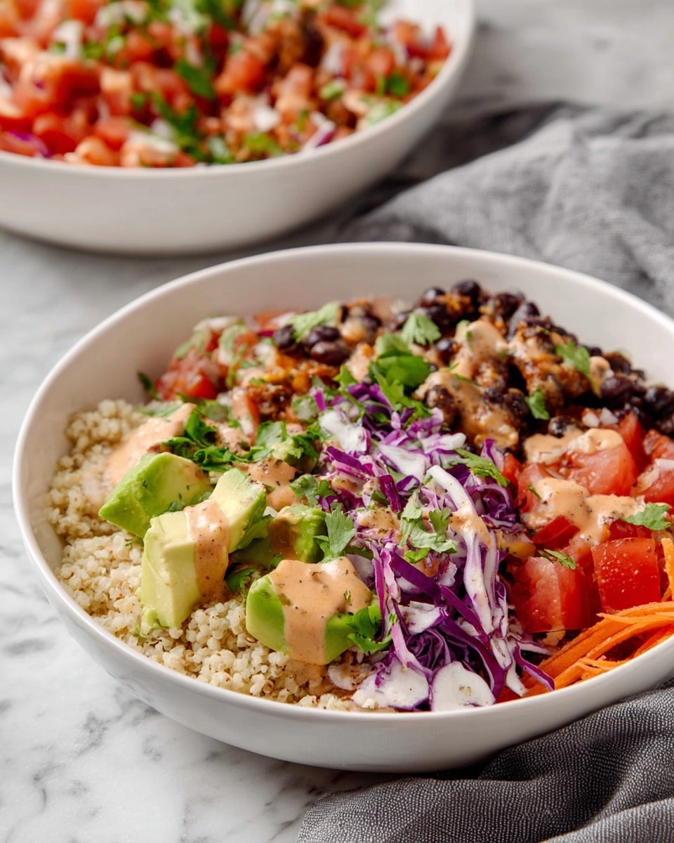 The image shows a white bowl filled with a colorful salad featuring multiple layers: at the bottom, there is a light beige grain base, topped with shredded purple and white cabbage and thin orange carrot strips on one side; next to it are chunks of bright red tomatoes, green avocado pieces, and small black beans mixed with finely chopped white onions and green cilantro scattered on top; a creamy light orange sauce is drizzled over the beans and avocado. Behind this bowl, there is another white bowl with more tomato, onion, and cilantro mix. The bowls are placed on a white marbled texture with a soft gray cloth in the background. photo taken with an iphone --ar 4:5 --v 7