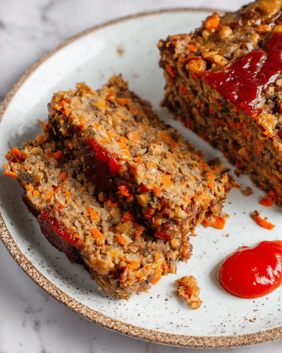 The image shows two thick slices of meatloaf on a white speckled plate with a rough edge. The meatloaf has a coarse texture with visible pieces of vegetables like carrots and onions mixed in, giving it varying shades of brown and orange. One slice has a layer of dark red sauce underneath it, with another thin streak of bright red sauce on the side where a small piece has broken off. There is also a small dollop of bright red sauce next to the broken piece on the plate. The plate sits on a white marbled surface. Photo taken with an iphone --ar 4:5 --v 7