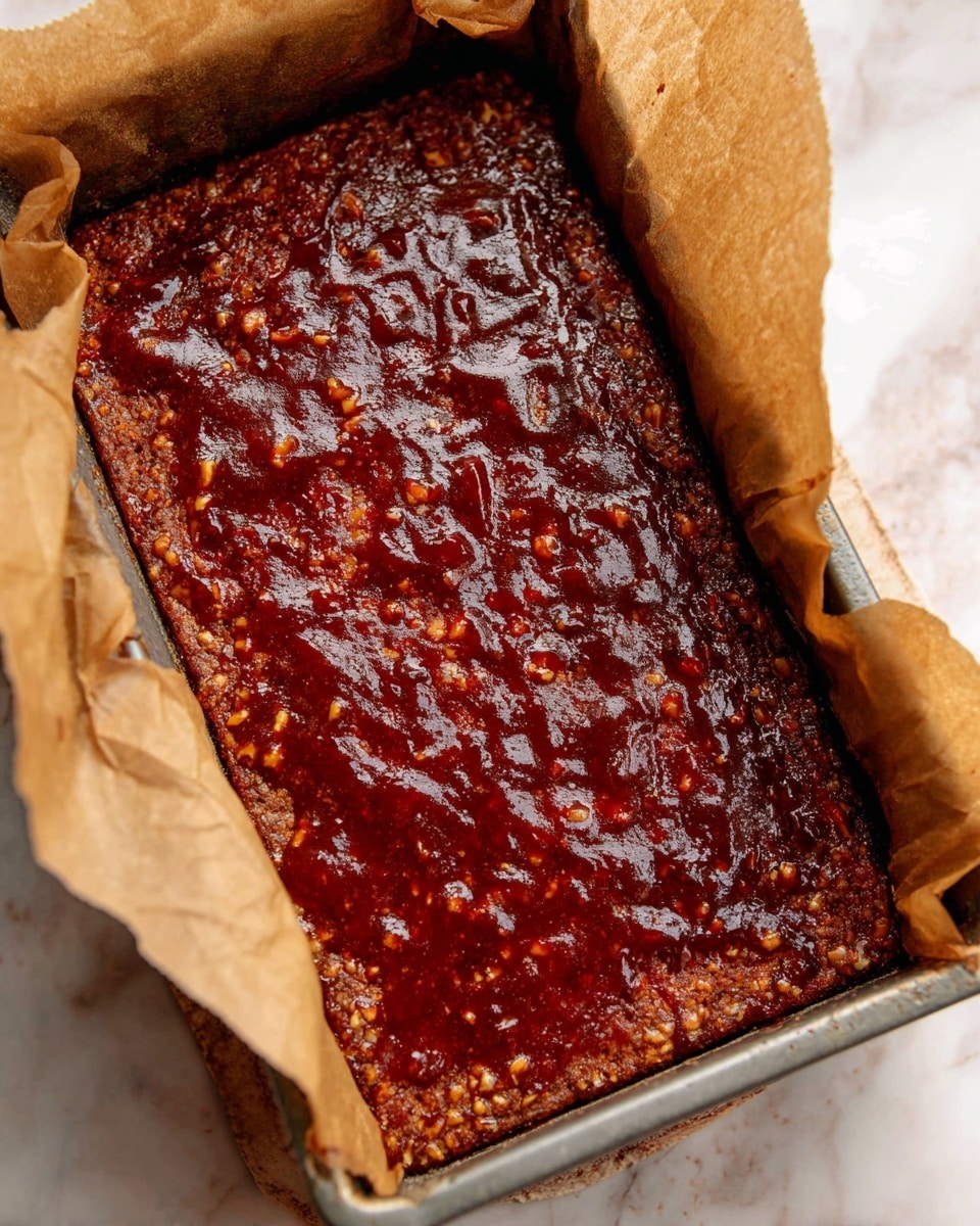 A close-up view of a rectangular baked dish in a metal pan lined with brown parchment paper, showing a single thick layer with a rich, dark reddish-brown glossy sauce spread unevenly over a textured base that looks moist and dense, with visible bits that appear like nuts or grains. The edges have slightly darker, crispier spots while the middle remains shiny and smooth, suggesting a sticky glaze finish. The pan rests on a surface with a white marbled texture. photo taken with an iphone --ar 4:5 --v 7