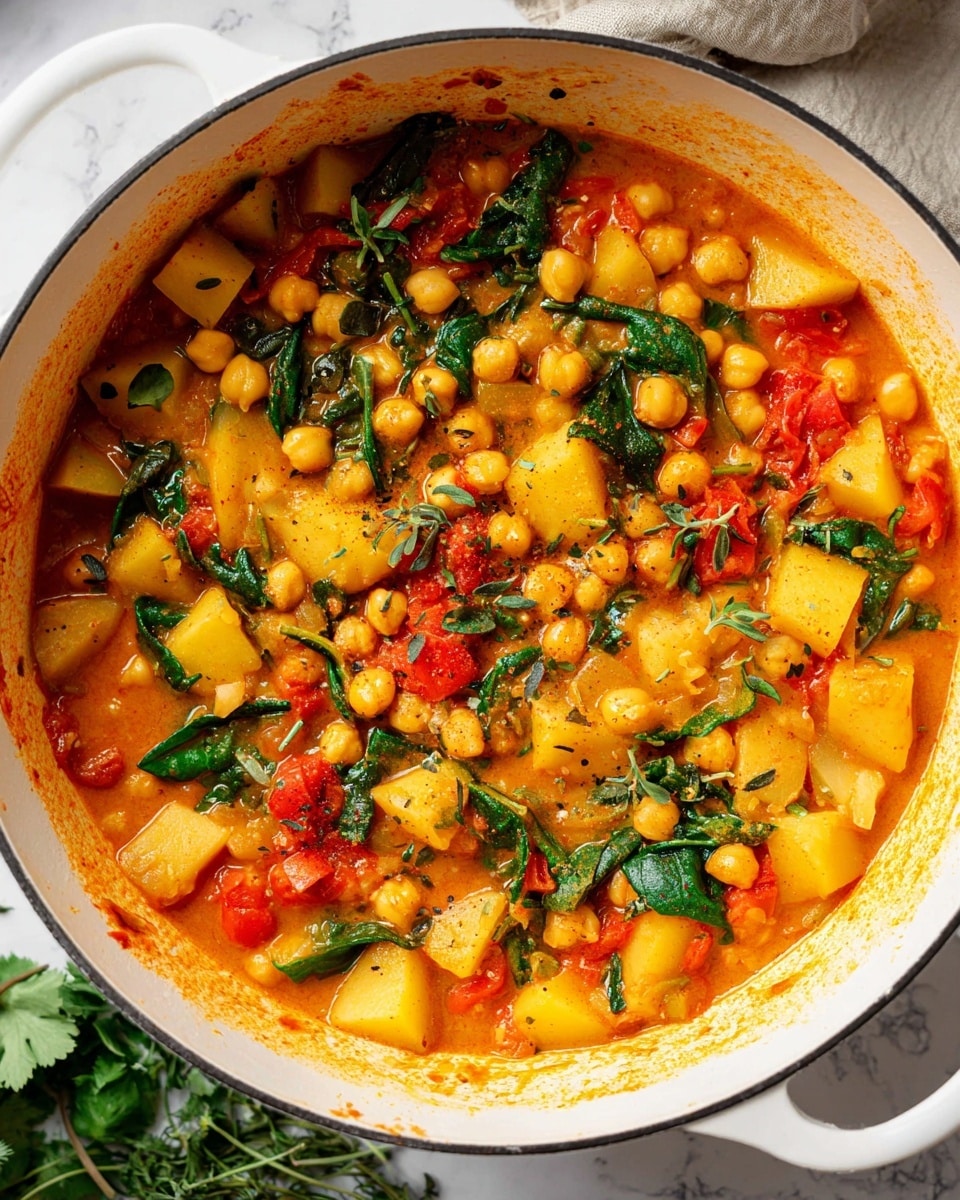 The image shows a white pot filled with a thick stew made up of chickpeas, diced yellow potatoes, bright red tomato chunks, and green spinach leaves, all mixed in a rich orange broth. The stew is chunky, with layers visible of soft potato cubes and tender chickpeas spread evenly on top, alongside wilted spinach leaves and scattered herbs. The pot’s inner rim is stained with the orange sauce, indicating a freshly stirred dish. The background features a white marbled texture with some fresh green herbs on the side. photo taken with an iphone --ar 4:5 --v 7
