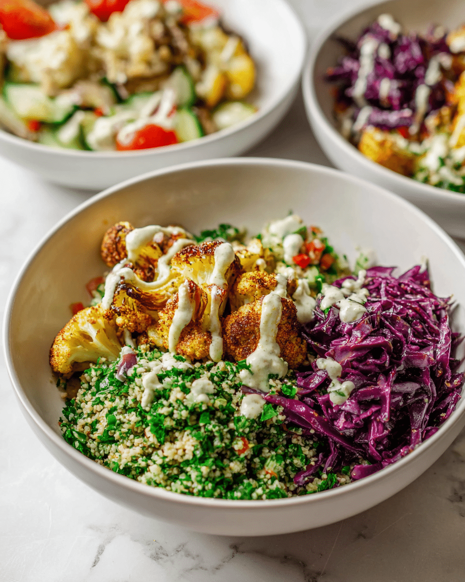 A white bowl contains three main sections: bright green tabbouleh salad with finely chopped parsley, cucumber, and small red tomato pieces at the bottom left; next to it, golden roasted cauliflower with a light orange hint from seasoning, topped with white sauce drizzles; and on the right, a pile of shredded deep purple cabbage also drizzled with the same white sauce. In the background, a similar white bowl with the same dish is slightly out of focus on a white marbled surface. Photo taken with an iphone --ar 4:5 --v 7