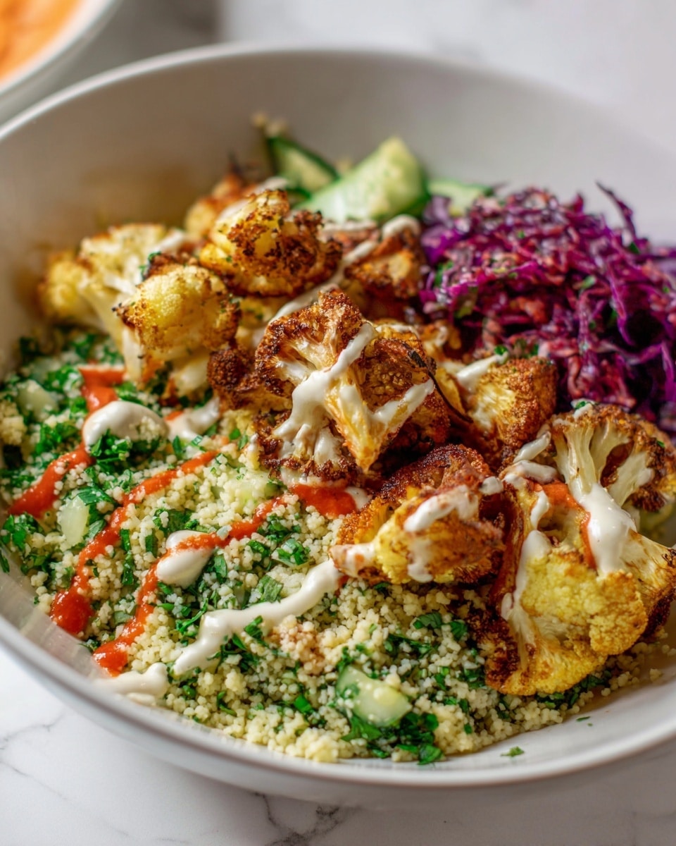 The dish is served in a white bowl with a white marbled texture background. It has three main layers: the bottom layer is a green and light yellow couscous salad mixed with herbs like parsley and small pieces of cucumber; on top of this is a layer of golden-brown roasted cauliflower florets, some with crispy edges; on the side, there is a small portion of shredded purple cabbage. Drizzled over all parts of the dish are light creamy white sauce and bright red-orange sauce, adding contrast and texture. Photo taken with an iphone --ar 4:5 --v 7