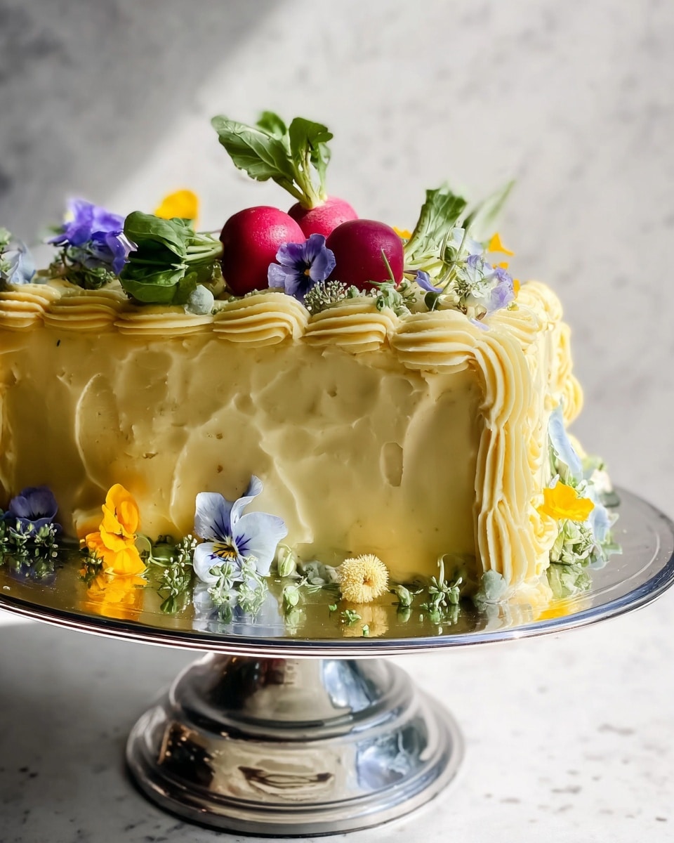A two-layer rectangular cake covered in smooth pale yellow frosting stands on a shiny silver cake stand. The sides of the cake have decorative thick swirls and ruffles of the same yellow frosting. On top, there are three small red radishes with green leaves, purple and white edible flowers, bright yellow round flowers, and tiny green flower buds scattered around, adding a fresh and natural look. The cake is placed on a white marbled surface with soft natural light enhancing the colors and textures. Photo taken with an iphone --ar 4:5 --v 7