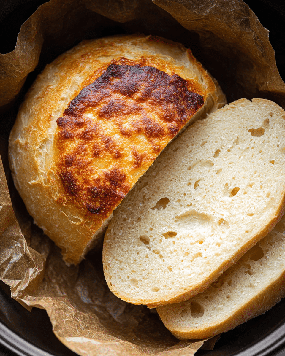 A close-up image of a round loaf of bread with a golden brown, slightly crispy top, resting on crumpled brown parchment paper inside a black pot, next to two slices of pale, soft bread with small holes showing the airy texture. The bread’s top layer has a rough, toasted surface while the sliced pieces reveal a soft, pale interior with a smooth crust along the edges. photo taken with an iphone --ar 4:5 --v 7