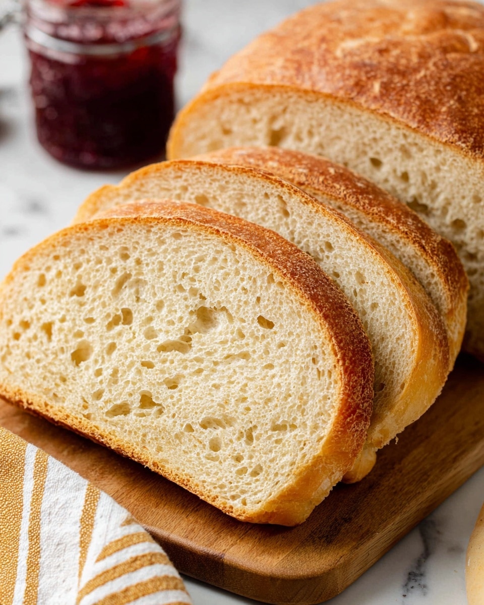 The image shows a loaf of bread with a golden brown crust and a soft, light beige inside that is sliced into three thick pieces, placed on a wooden board. The crust is slightly textured and crispy looking, while the inner bread has a porous and airy texture with many small holes. The background includes a small jar with dark red jam and a white marbled surface, and a striped cloth with white and mustard yellow colors is partially visible at the bottom of the image. Photo taken with an iphone --ar 4:5 --v 7