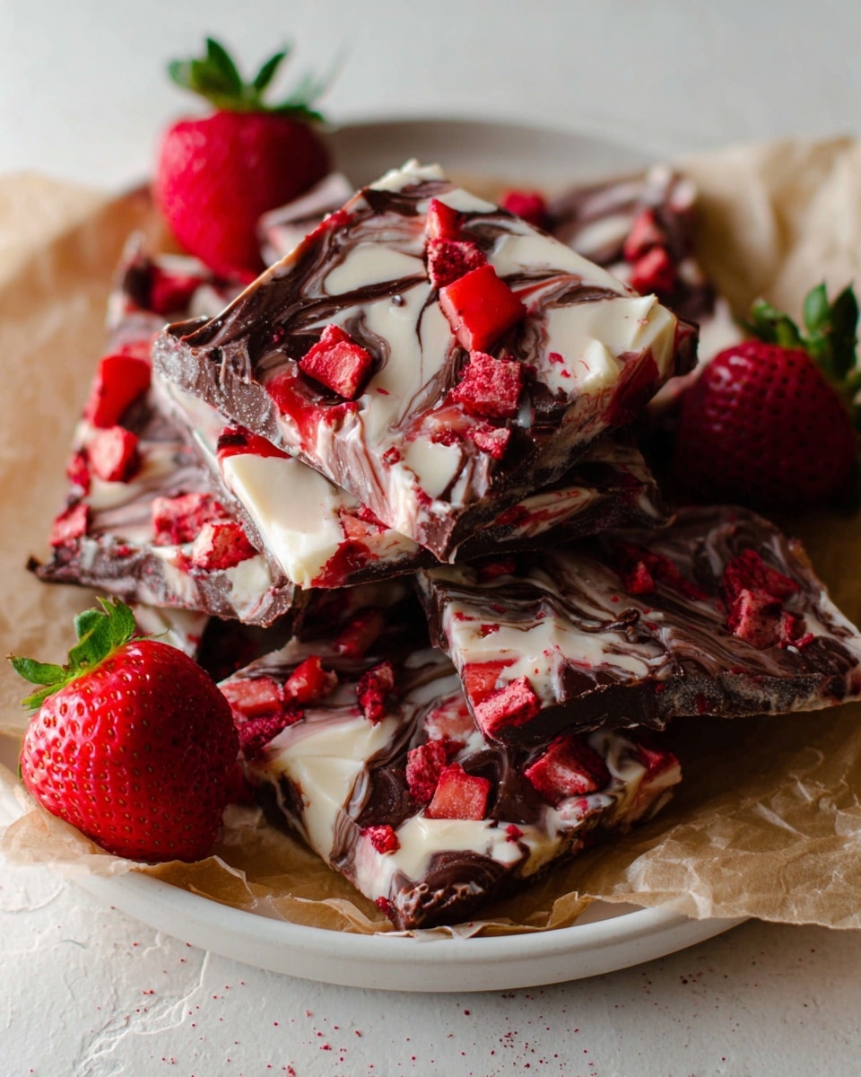 The image shows several square pieces of a dessert layered on a sheet of light brown parchment paper on a white plate. Each piece has a base layer of white, creamy texture with swirls of dark chocolate and scattered bright red strawberry chunks on top. There are also two whole strawberries on the plate, one at the top left and one at the bottom right. The white marbled surface beneath the plate adds a clean, soft background. photo taken with an iphone --ar 4:5 --v 7
