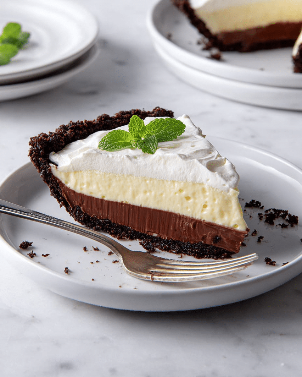 A slice of pie is placed in the center of a white plate on a white marbled surface. The pie has four layers: the bottom layer is dark brown and looks crumbly, the next layer is thick and creamy with a pale yellow color, above that is a smooth, dark chocolate layer, and the top layer is fluffy white cream with a small green mint leaf as decoration. A silver fork with a black handle holds a piece of the pie near the slice, and some crumbs are scattered around the plate. In the background, a second white plate with more pie is partly visible. photo taken with an iphone --ar 4:5 --v 7