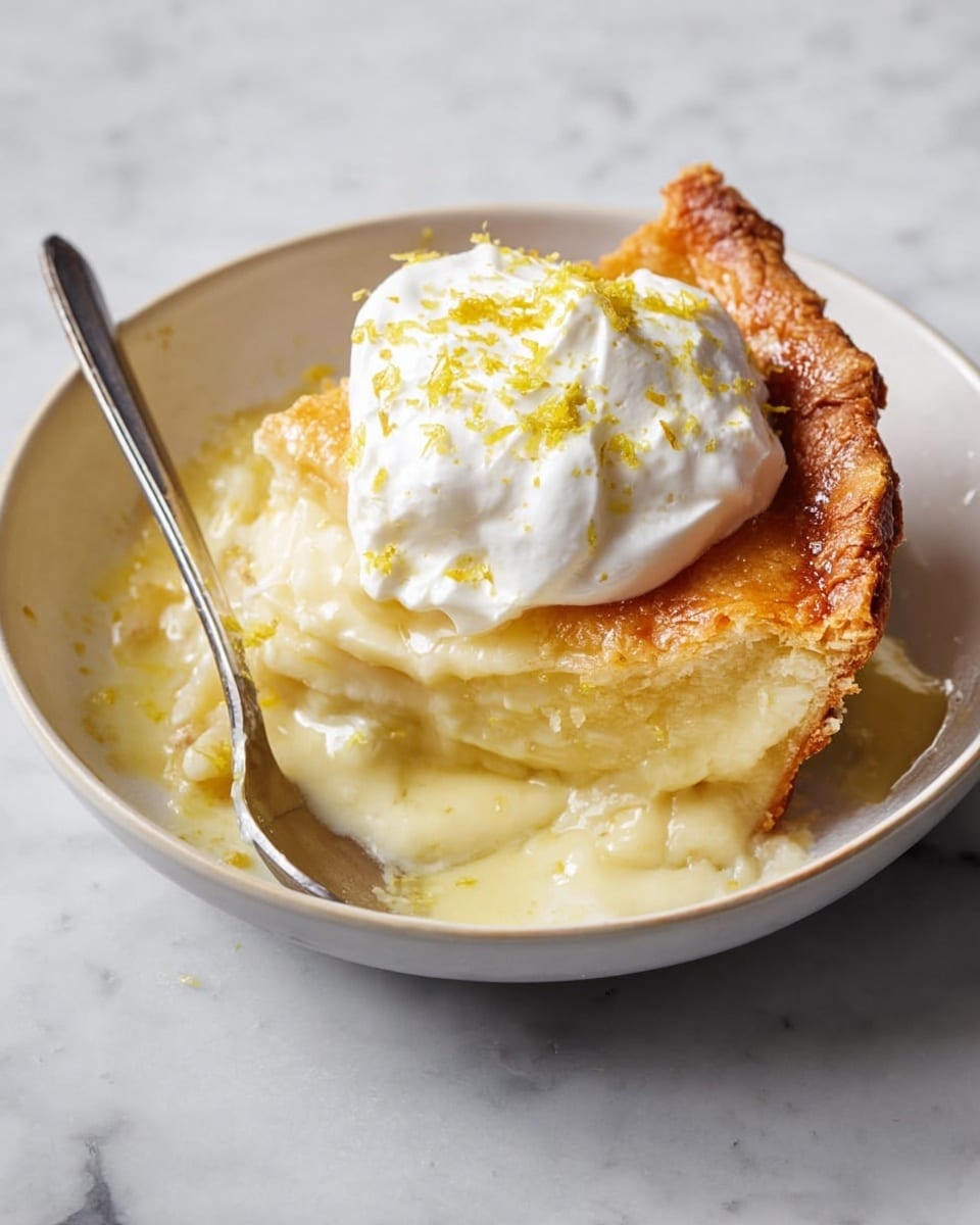 The dish shows a single serving of a soft, folded pie with a golden brown crust that is slightly crisp on top. Under the crust is a thick, creamy pale yellow filling that spills out onto the bottom of the white bowl. On the top right side of the pie is a dollop of white whipped cream sprinkled with fine yellow lemon zest. A silver spoon sits on the left inside the bowl, resting against the crust and cream. The bowl is placed on a white marbled surface. photo taken with an iphone --ar 4:5 --v 7