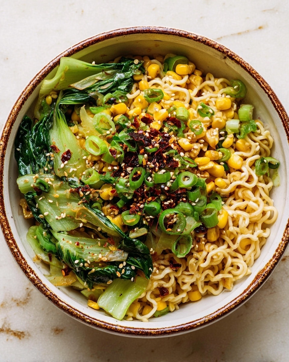 A bowl filled with a noodle dish showing three main layers: the bottom layer is pale yellow curly noodles slightly tangled, the middle layer has bright yellow corn kernels mixed with vibrant green bok choy pieces, and the top layer is scattered with chopped green onions, toasted light brown sesame seeds, and small spots of dark red chili flakes. The bowl is white with a rustic brown rim, sitting on a white marbled surface. photo taken with an iphone --ar 4:5 --v 7