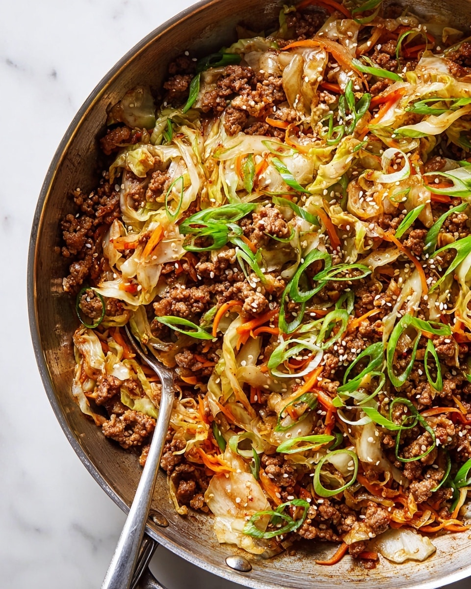 The image shows a close-up of a blue skillet filled with a colorful stir-fry. The dish is a mix of several layers including light brown crumbled ground meat, thin strips of bright orange carrots, light green shredded cabbage, and sliced green onions sprinkled on top. The textures vary from soft and juicy meat to crunchy vegetables, all evenly spread throughout the pan. Small white sesame seeds are scattered over the dish, adding a fine detail. The skillet sits on a white marbled surface with a dark wooden table and a blue-striped cloth nearby. Photo taken with an iphone --ar 4:5 --v 7