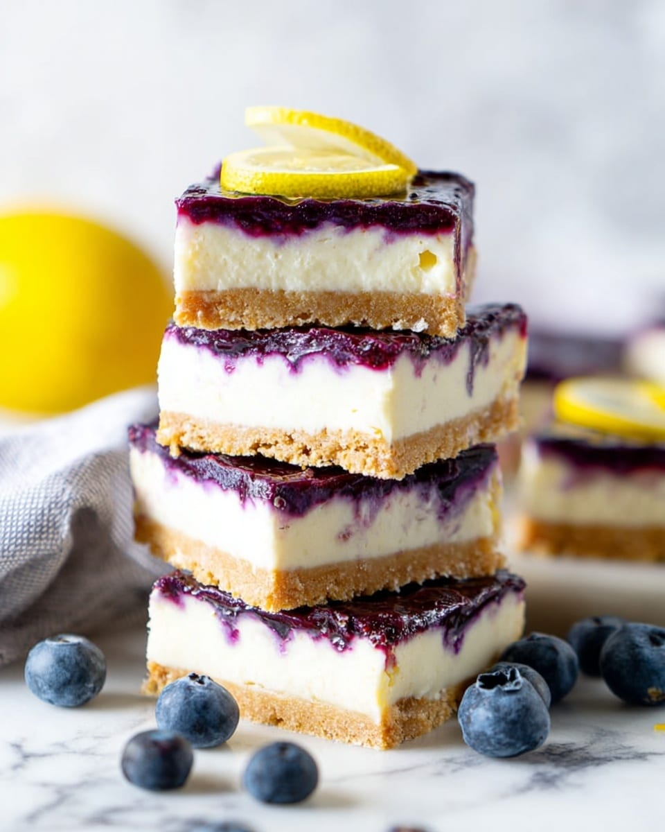 A stack of five square dessert bars is shown, each bar having three visible layers: a thick, light brown crumbly base at the bottom; a thick, creamy white middle layer; and a thin layer of deep purple blueberry topping with a slightly glossy texture on top. One bar at the top of the stack is decorated with a small slice of lemon. Around the dessert bars, there are several fresh blueberries scattered, and the scene rests on a white marbled surface with a soft gray cloth partially visible on the left side. A bright yellow lemon out of focus appears in the background. Photo taken with an iphone --ar 4:5 --v 7