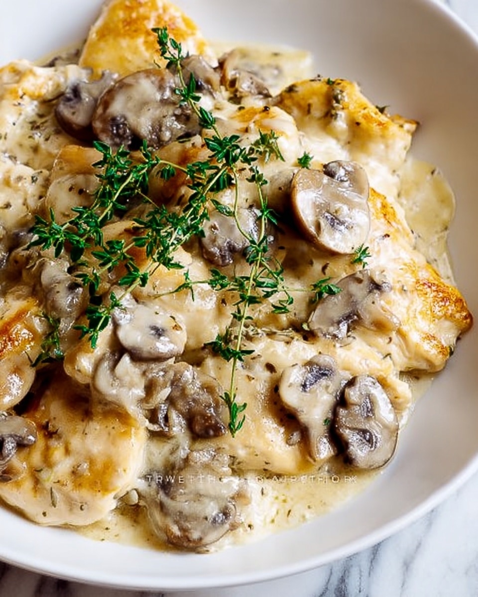 The dish shows a white plate filled with soft, creamy pasta layered with a rich, beige mushroom sauce. The pasta is covered by multiple brown and white sliced mushrooms that look tender and cooked. On top, sprigs of fresh green thyme add a pop of color and freshness. The sauce has a smooth texture with golden brown spots, showing it was baked or cooked slightly on top. The whole dish rests on a white marbled surface. photo taken with an iphone --ar 4:5 --v 7
