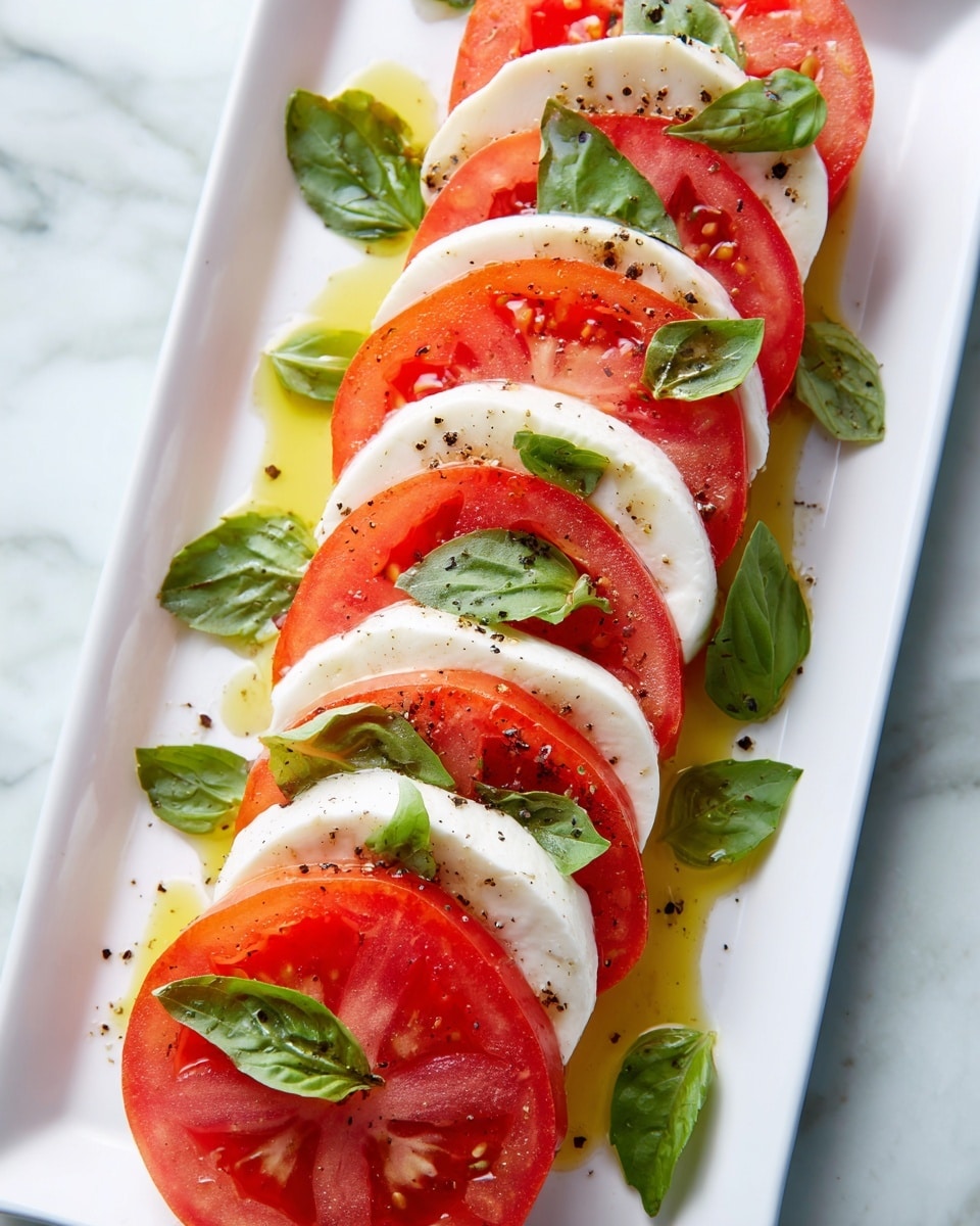 The image shows a close-up of a fresh Caprese salad arranged in layers on a white plate. The bottom layer alternates between bright red tomato slices and smooth white mozzarella slices, both thick and evenly cut. A woman's hand is placing a fresh green basil leaf on top, adding a pop of color and texture. The tomatoes look juicy and glossy, while the mozzarella has a soft and creamy texture. The background features a white marbled texture. Photo taken with an iphone --ar 4:5 --v 7
