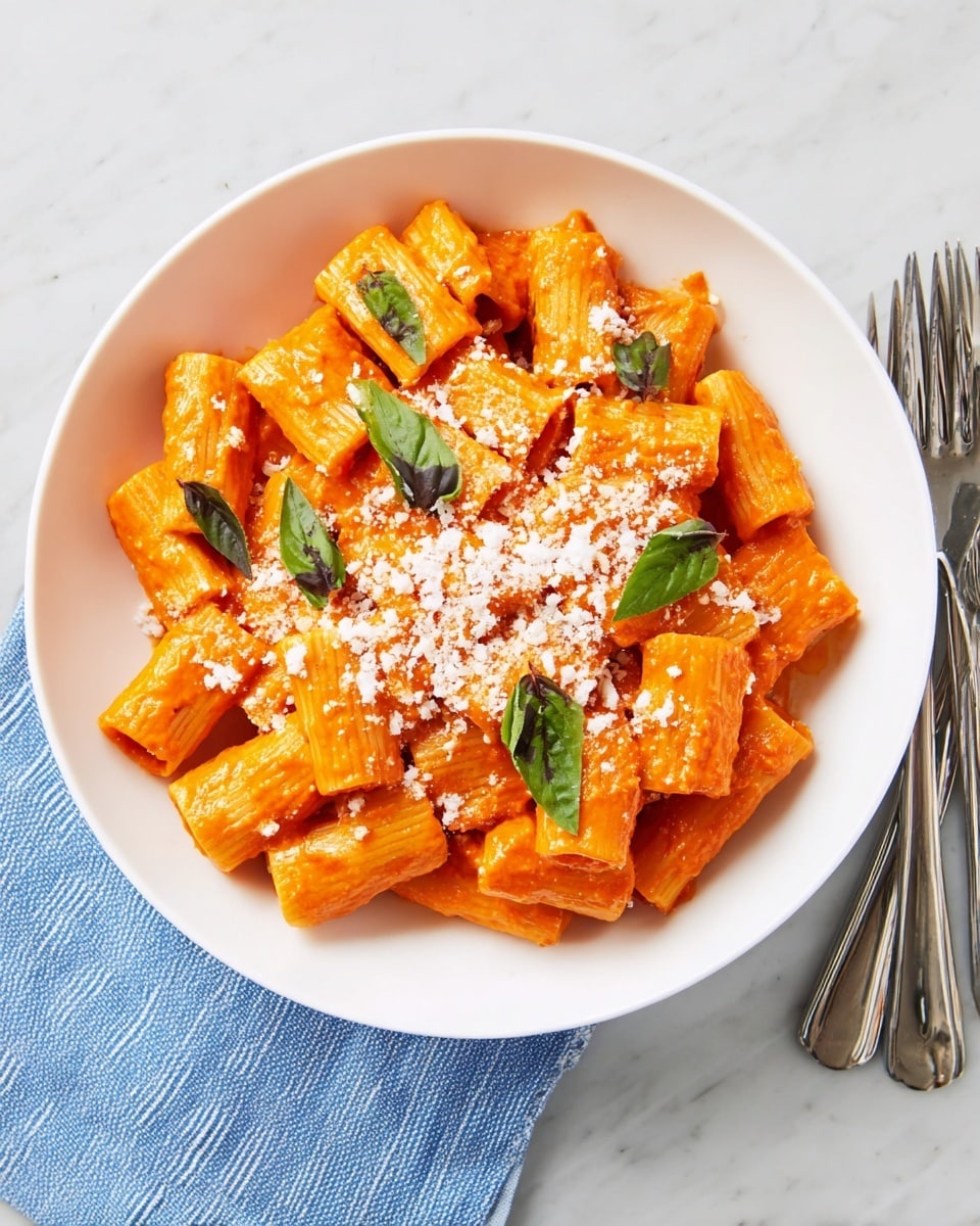 A white bowl filled with rigatoni pasta coated in a smooth, bright orange-red sauce, arranged in a loose pile with some rigatoni slightly overlapping each other. On top, there is a sprinkling of finely grated white cheese and several dark green basil leaves scattered evenly across the pasta. The bowl sits on a white marbled surface with a blue and white striped napkin and two silver forks placed to the right side of the bowl. photo taken with an iphone --ar 4:5 --v 7
