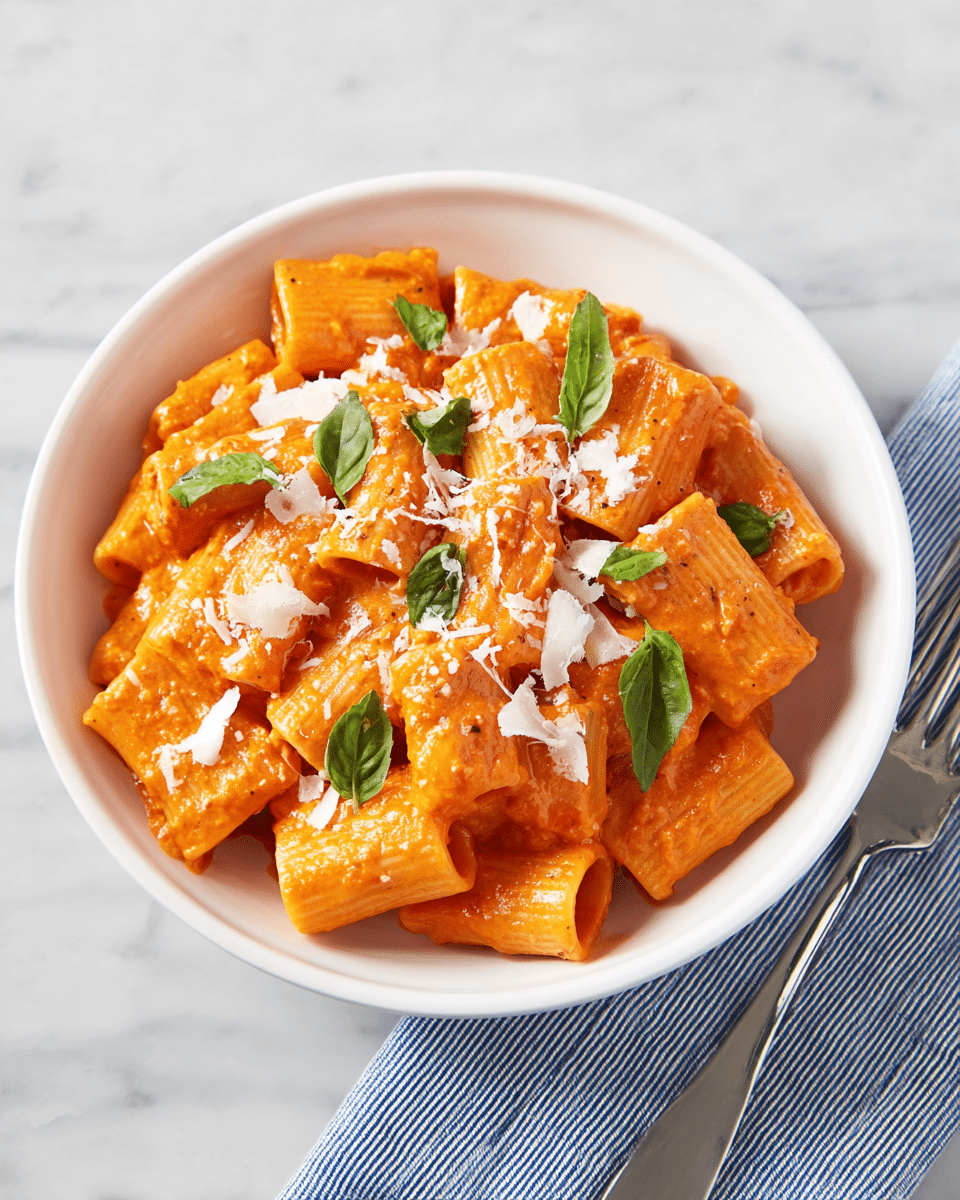 A white bowl filled with large tube-shaped rigatoni pasta covered in bright orange creamy tomato sauce, topped with small pieces of shredded white cheese and fresh green basil leaves scattered over the pasta. The bowl sits on a white marbled surface with a silver fork resting on a folded blue and white striped cloth napkin to the right side of the bowl. photo taken with an iphone --ar 4:5 --v 7
