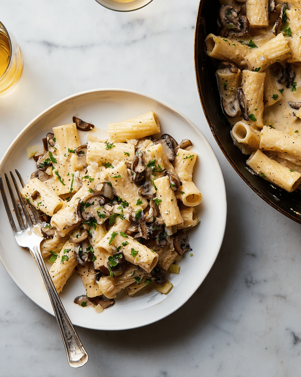 A white plate holds a serving of rigatoni pasta mixed with a creamy sauce. The pasta pieces are light beige with a smooth texture and hollow centers. Small, sliced brown mushrooms are scattered throughout, adding a slightly shiny and soft look. Tiny bits of cooked onion and chopped green herbs are sprinkled on top, giving bright green and translucent white spots across the dish. A silver fork rests on the left side of the plate. To the right is a black skillet with more of the same pasta and mushrooms inside. The surface beneath everything is white marble with subtle gray veining. Photo taken with an iphone --ar 4:5 --v 7