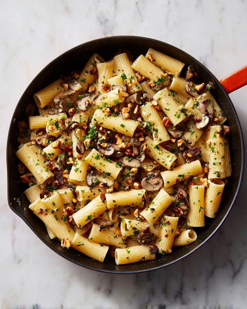 The image shows a close-up of rigatoni pasta in a black skillet placed on a white marbled surface. The pasta is light yellow and looks well-cooked, mixed with small pieces of brown mushrooms, chopped nuts, and green herbs scattered evenly on top. The colors include the pale yellow of the pasta, rich browns from the mushrooms and nuts, and a fresh touch of green from the herbs. The skillet holds a single, thick layer of pasta and toppings. photo taken with an iphone --ar 4:5 --v 7