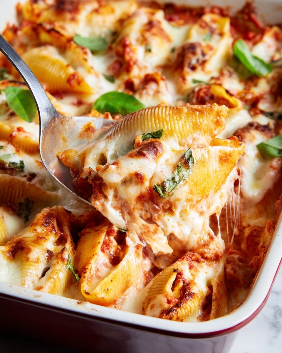 The image shows a close-up of a baked pasta dish in a white baking dish, filled with large pasta shells layered with red tomato sauce, creamy white melted cheese, and bits of browned cheese on top. Fresh green basil leaves are scattered on the surface. A metal spoon lifts a portion of the pasta, showing the gooey cheese stretching and the sauce clinging to the shell, with visible layers of pasta, sauce, and cheese under warm, golden baked spots. The dish sits on a white marbled surface. Photo taken with an iphone --ar 4:5 --v 7