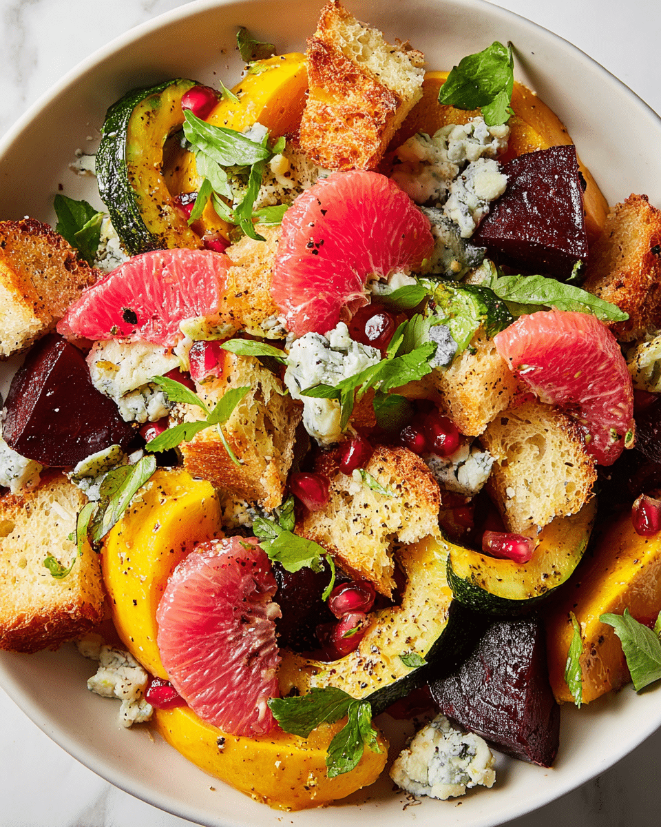 A close-up of a colorful salad in a white bowl on a white marbled surface, featuring several layers: the bottom layer is made of golden, crispy bread cubes with a toasted texture, scattered evenly; mixed with irregular shaped roasted squash slices in yellow with dark green edges, some showing a lightly charred texture; cubes of deep purple beetroot create the next layer, layered among the squash and bread; bright pink segmented grapefruit pieces are placed on top, adding a juicy and fresh look; small red pomegranate seeds are sprinkled throughout, providing pops of color; scattered crumbles of creamy blue cheese with white and blue-green veins appear on the surface; fresh leafy green herbs like parsley leaves and small scallion pieces are spread on top, enhancing the visual freshness; everything is lightly speckled with black pepper. Photo taken with an iphone --ar 4:5 --v 7