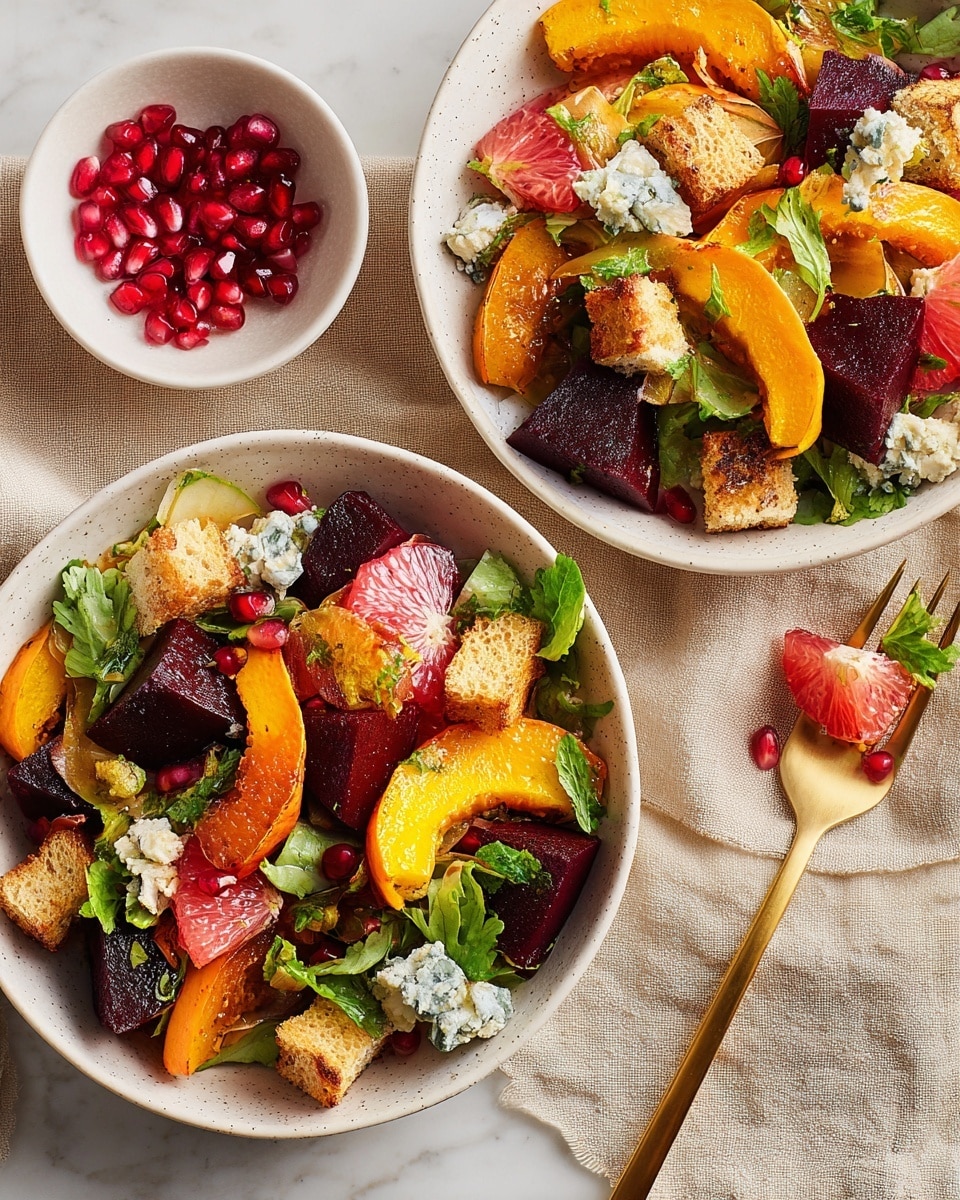 The dish is shown in two white bowls with a rough texture, placed on a beige cloth. The salad inside the bowls has several layers: the base is dark purple beet cubes, scattered with bright orange roasted squash slices that have a slight crisp on the edges. On top, there are light golden brown croutons with a crunchy look, pink grapefruit segments adding a fresh and juicy touch, small dollops of blue cheese with white and blue marbled patches, and tiny red pomegranate seeds. Green parsley leaves are dotted around the salad for color contrast. A gold fork is placed on one bowl holding a beet cube with cheese and parsley. There is also a small white bowl filled with shiny red pomegranate seeds nearby, all set on a white marbled surface. photo taken with an iphone --ar 4:5 --v 7
