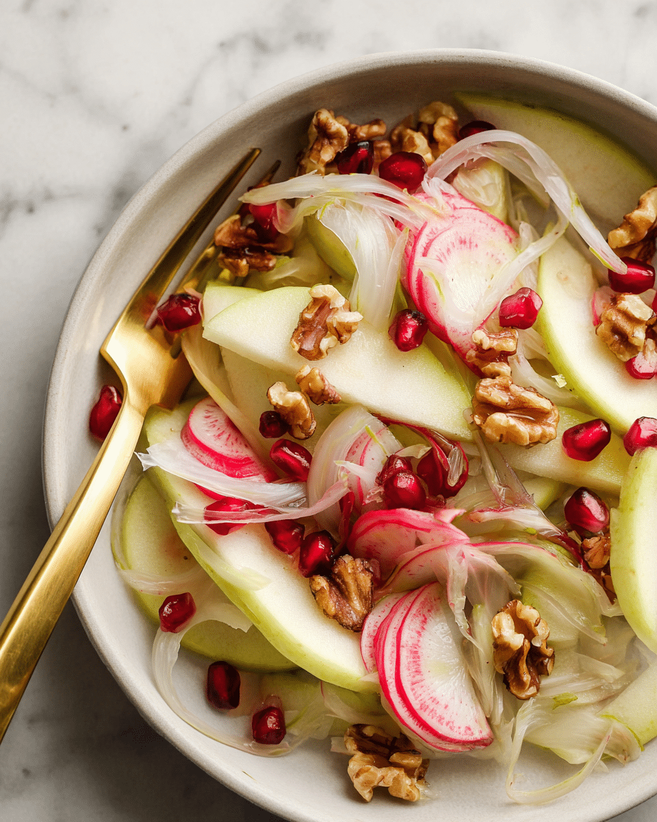 A close-up image of a fresh salad in a white bowl placed on a white marbled surface, showing thinly sliced light green apple pieces layered with pale pink onion rings and translucent white fennel slices. Bright red radish slices are scattered throughout, along with small, irregular pieces of light brown walnuts and a few shiny deep red pomegranate seeds on top. A gold fork is picking up a piece of radish layered with fennel and onion. The colors are soft but fresh, and the textures range from crisp apple to crunchy walnuts and smooth onion. photo taken with an iphone --ar 4:5 --v 7