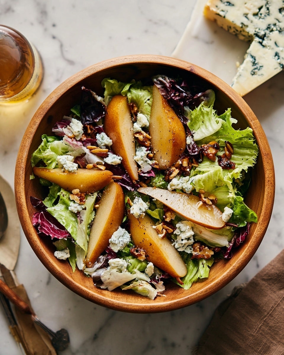A wooden bowl filled with a fresh salad showing three main layers: at the bottom, a mix of green leafy lettuce and some purple radicchio leaves, providing a mix of bright and dark green with purple tones; on top of that, several warm, caramelized pear wedges with a golden-brown color and slightly crispy edges are scattered evenly; the third layer has small chunks of blue cheese with a creamy white base and blue veins, sprinkled alongside toasted seeds that add a crunchy texture and light brown color. The bowl rests on a white marbled surface with a piece of blue cheese and a bottle with a label visible near the edges of the frame. photo taken with an iphone --ar 4:5 --v 7