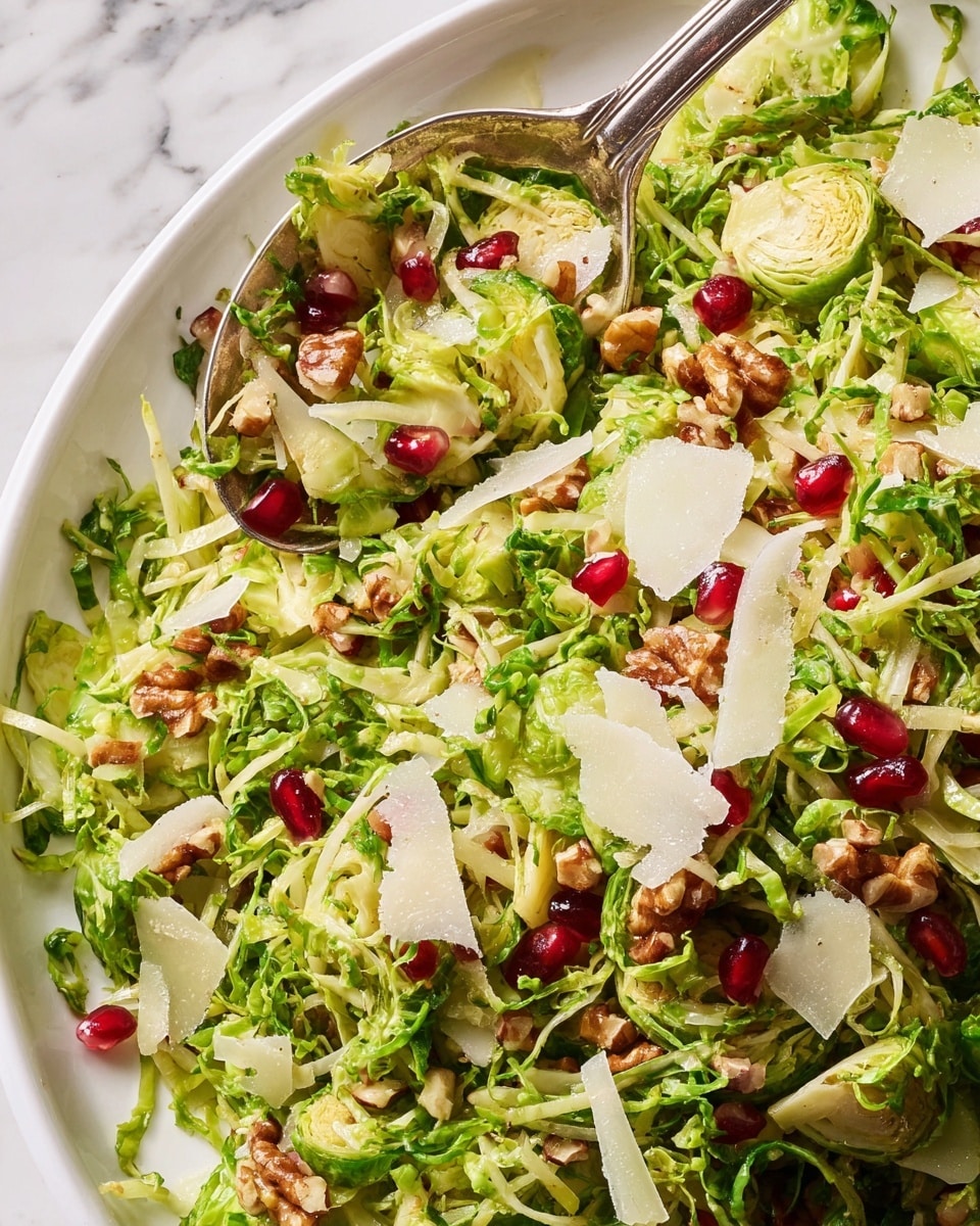 A close-up of a white plate filled with a fresh layered salad consisting of thinly sliced green Brussels sprouts as the main base, scattered across the dish. Mixed within are small red pomegranate seeds adding bright pops of color, and roughly chopped brown nuts, providing texture. On top, there are thin, creamy white cheese shavings scattered unevenly. A silver spoon scoops some of the salad, showing all the ingredients mingling together. The background is a white marbled texture. Photo taken with an iphone --ar 4:5 --v 7
