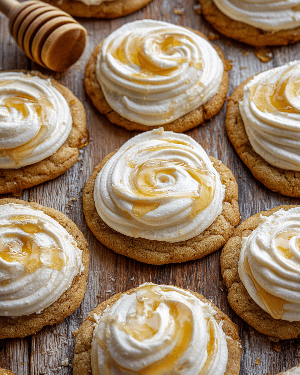 The image shows several round cookies laid flat on a rough wooden surface with a white marbled texture edited in the background. Each cookie has two layers: a soft golden-brown base and a thick layer of creamy white frosting swirled on top. The frosting is decorated with a light drizzle of golden honey giving a glossy look. A honey dipper with honey is placed among the cookies, enhancing the sweet theme. The cookies are arranged closely together, showing texture details on both the cookie and frosting layers. photo taken with an iphone --ar 4:5 --v 7