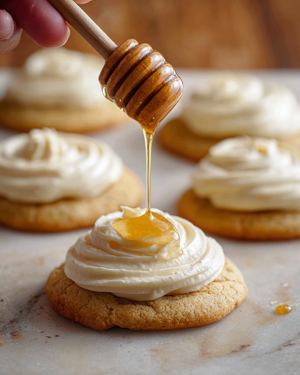 A close-up of a soft, round cookie with a light golden-brown color forms the base layer, topped with a thick, creamy white frosting that is swirled on generously. Above the frosting, a golden honey drip is shown falling from a wooden honey dipper held by a woman's hand, adding a sticky, shiny texture contrast. In the background, several similar cookies with the same frosting are blurred on a white marbled tabletop, creating depth. The overall scene has warm, natural lighting with clear focus on the honey drop and cookie in front. photo taken with an iphone --ar 4:5 --v 7