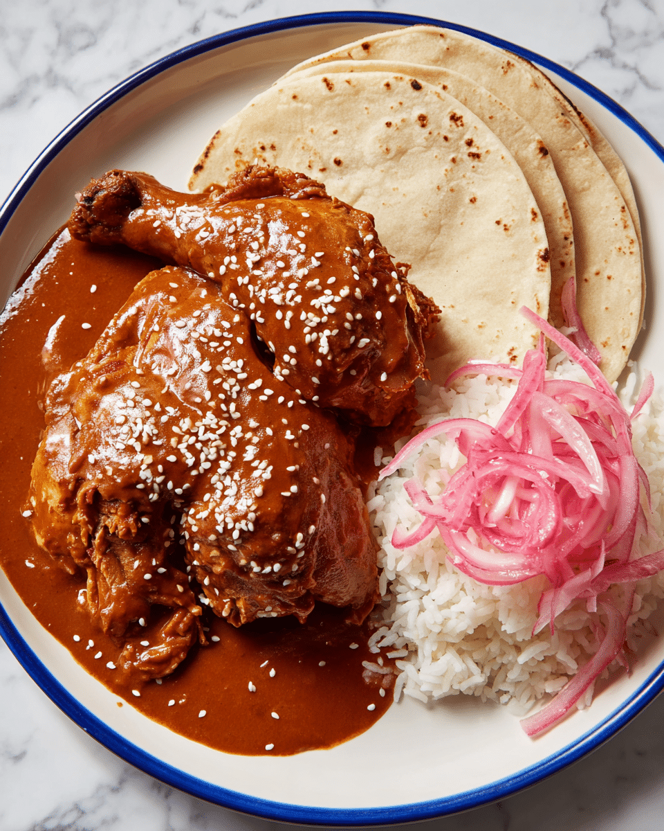 The dish shows two large chicken leg pieces covered in a thick, smooth reddish-brown sauce sprinkled with white sesame seeds, placed on the left side of a white plate with a blue edge. Behind the chicken, there are two light beige tortillas stacked and slightly overlapping. To the right of the chicken, there is a pile of fluffy white rice, topped with thin, curly pink and white pickled onion strips. The whole plate sits on a white marbled surface. photo taken with an iphone --ar 4:5 --v 7